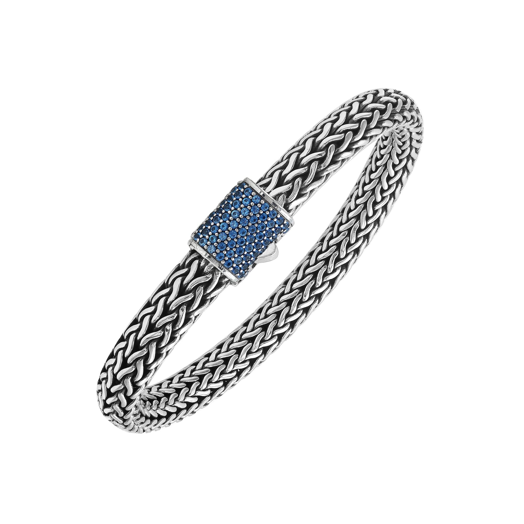 Sterling silver 7x9 mm handcrafted Bali bracelet with Blue Topaz Quartz stone clasp and oxidized polish.