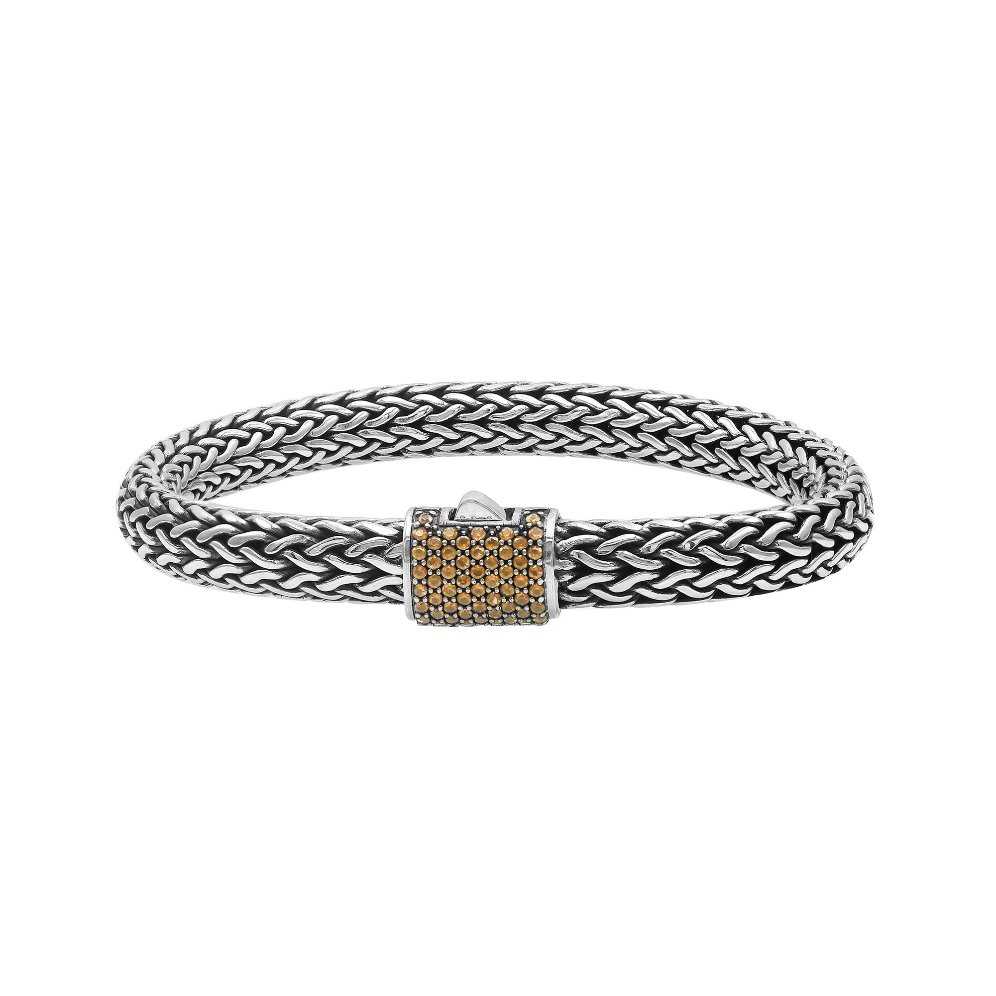 Sterling silver 7x9 mm handcrafted Bali bracelet with Citrine Quartz stone clasp and oxidized detailing.