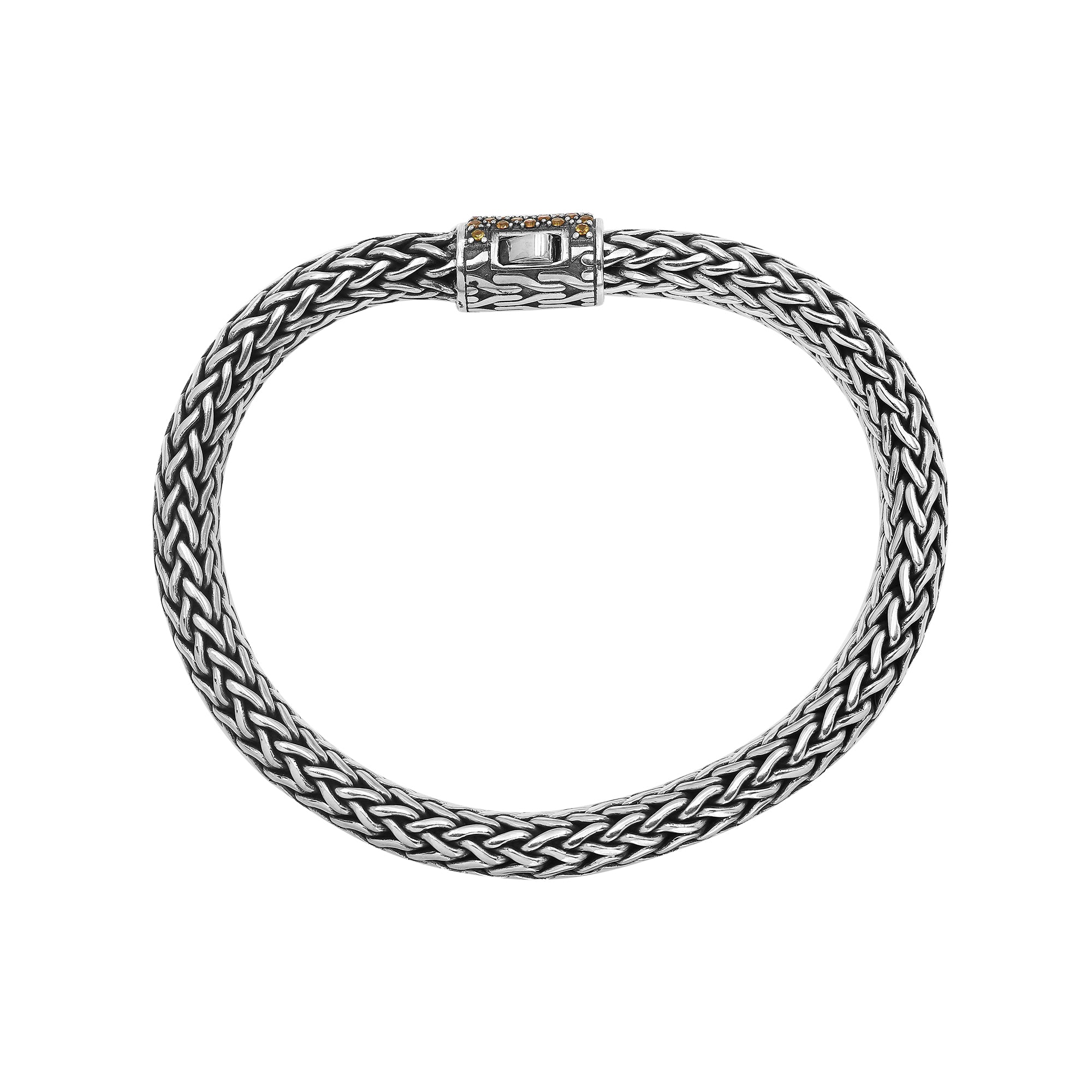 Sterling silver 7x9 mm handcrafted Bali bracelet with Citrine Quartz stone clasp and oxidized detailing.