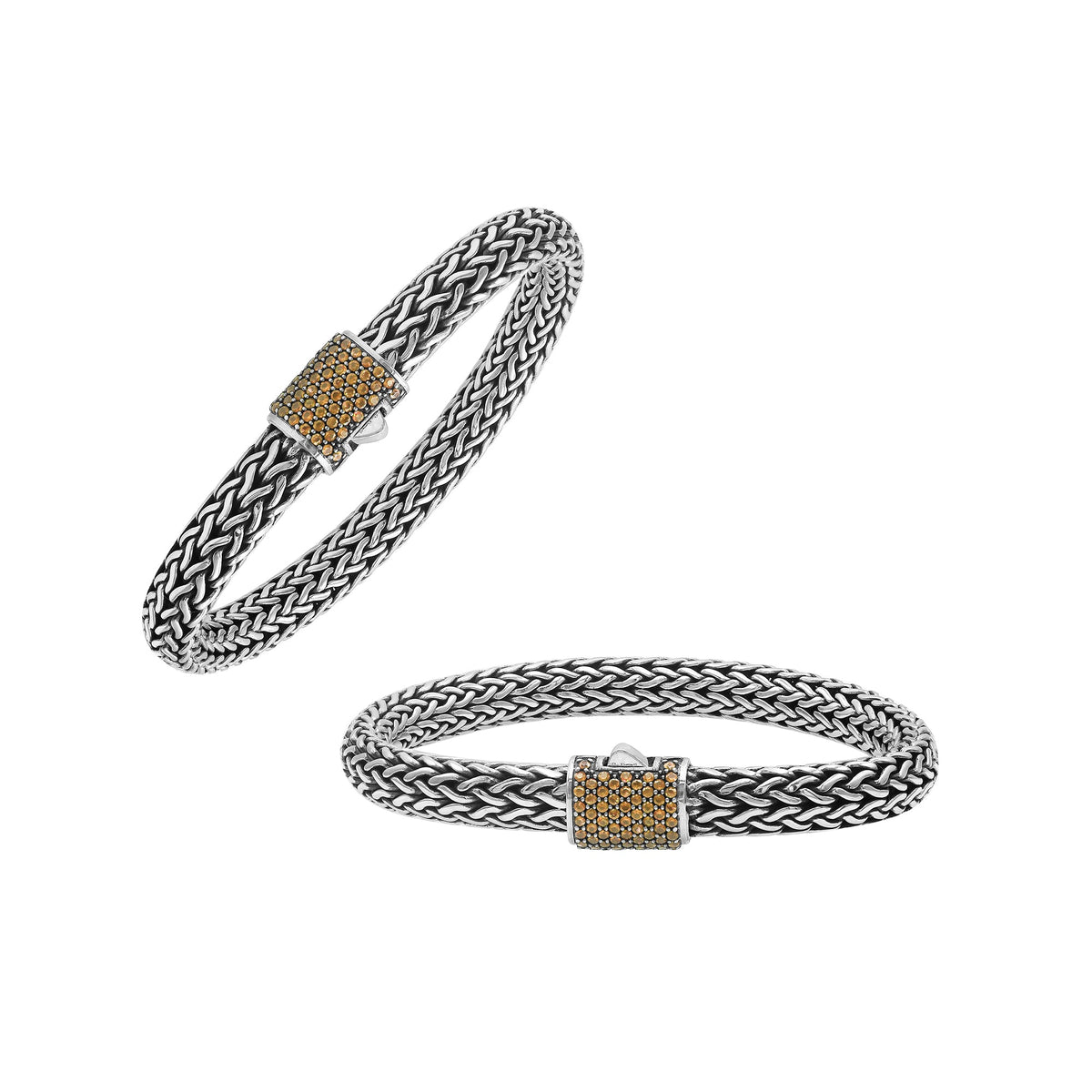 Sterling silver 7x9 mm handcrafted Bali bracelet with Citrine Quartz stone clasp and oxidized detailing.