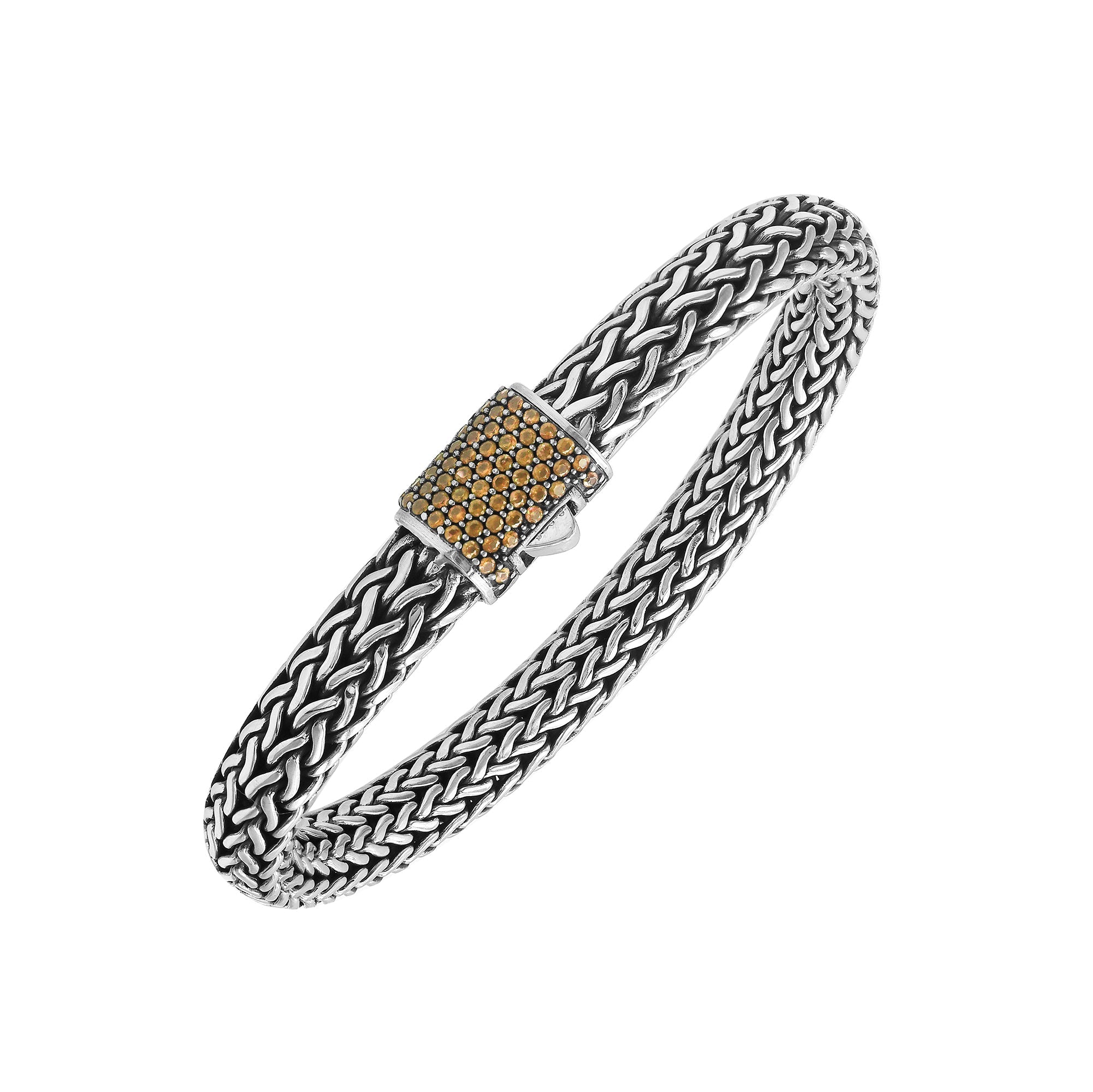 Sterling silver 7x9 mm handcrafted Bali bracelet with Citrine Quartz stone clasp and oxidized detailing.