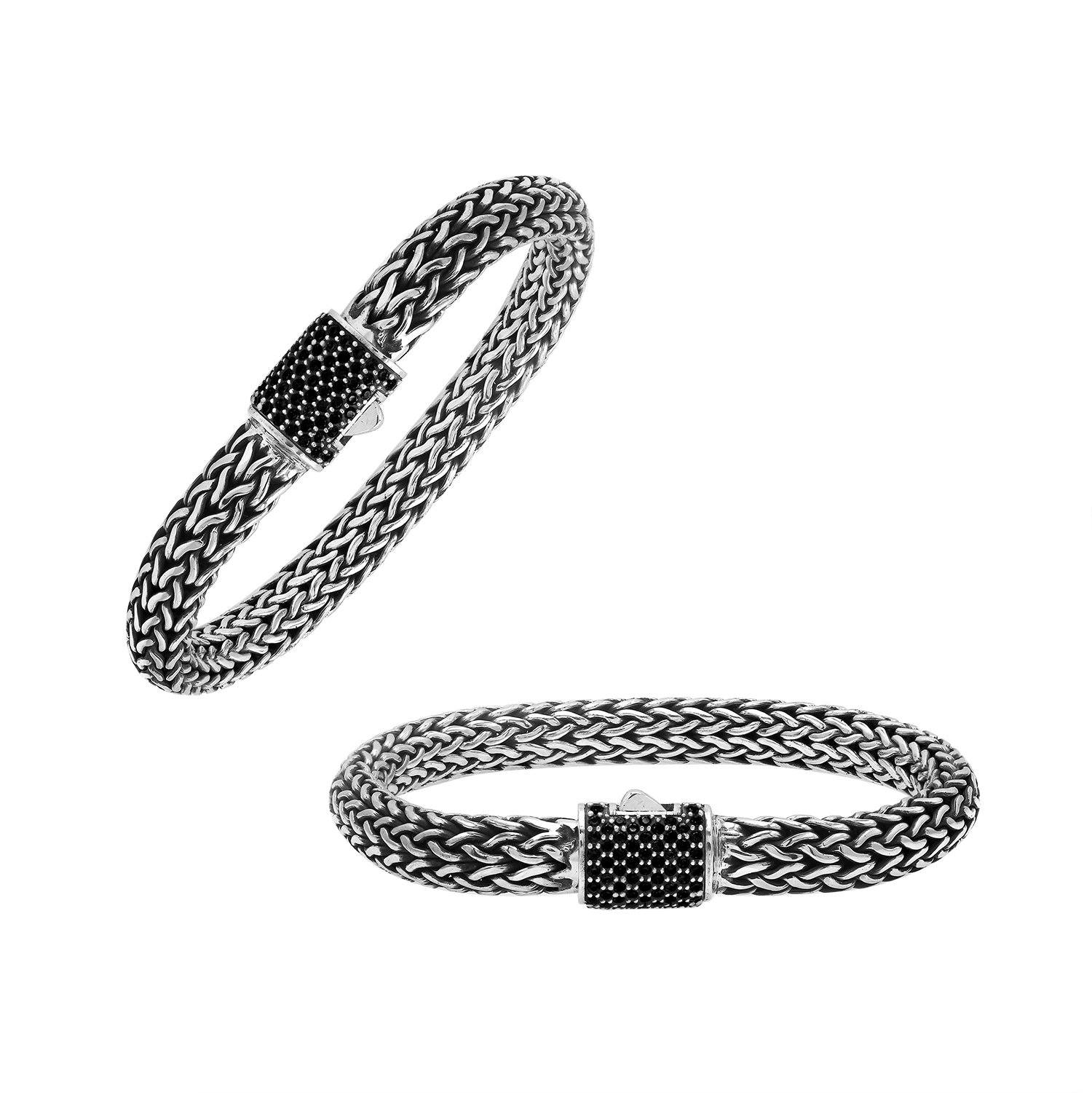 Sterling silver 7x9 mm handcrafted Bali bracelet with Black Cubic Zirconia stone clasp and oxidized finish.