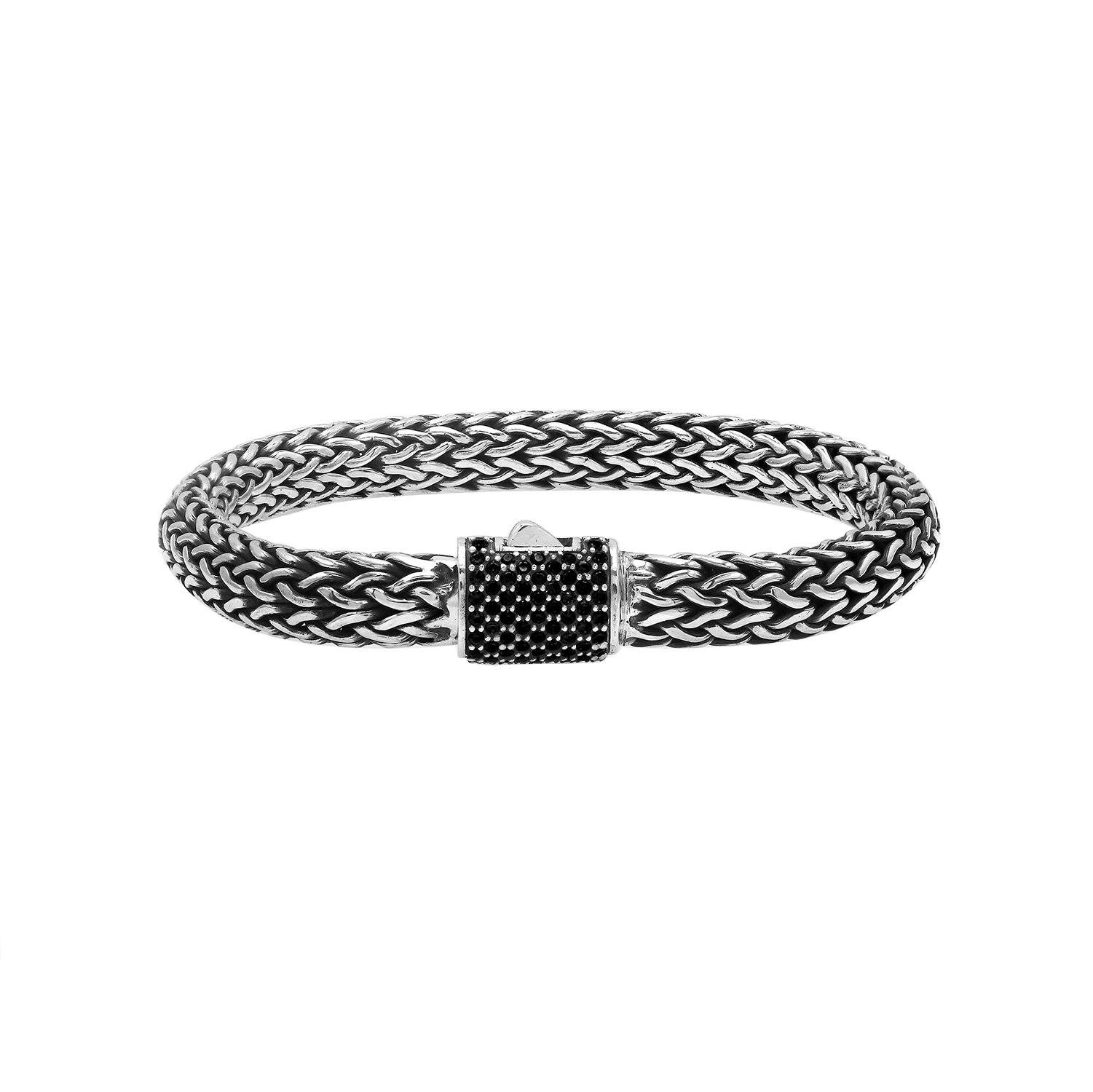 Sterling silver 7x9 mm handcrafted Bali bracelet with Black Cubic Zirconia stone clasp and oxidized finish.