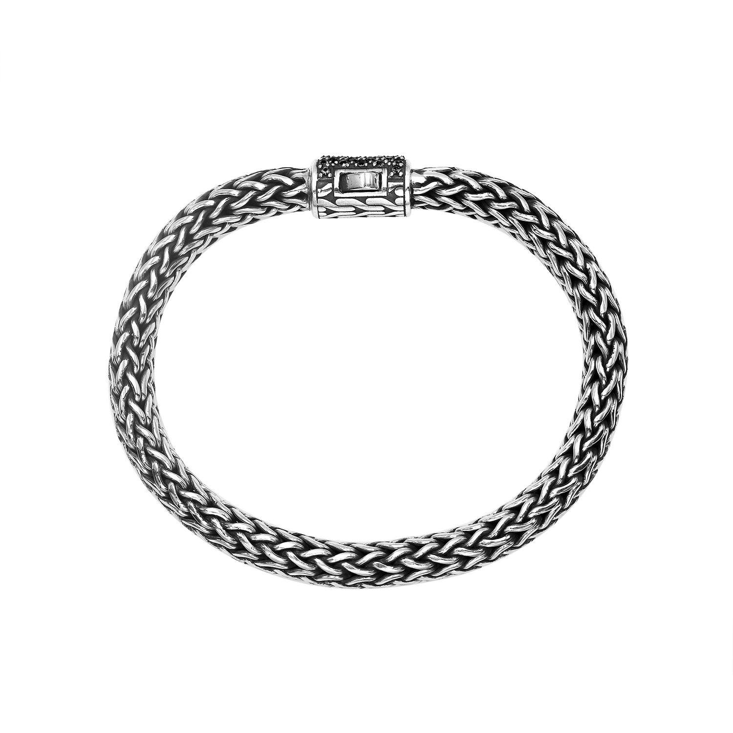 Sterling silver 7x9 mm handcrafted Bali bracelet with Black Cubic Zirconia stone clasp and oxidized finish.