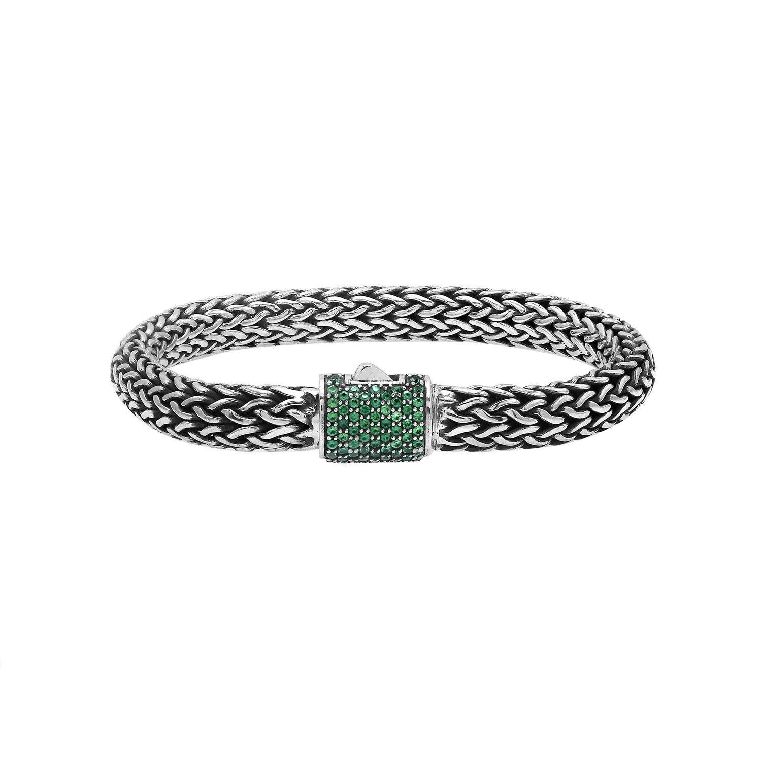Sterling Silver 7X9 MM Handcrafted Bali Bracelet With Emerald Quartz