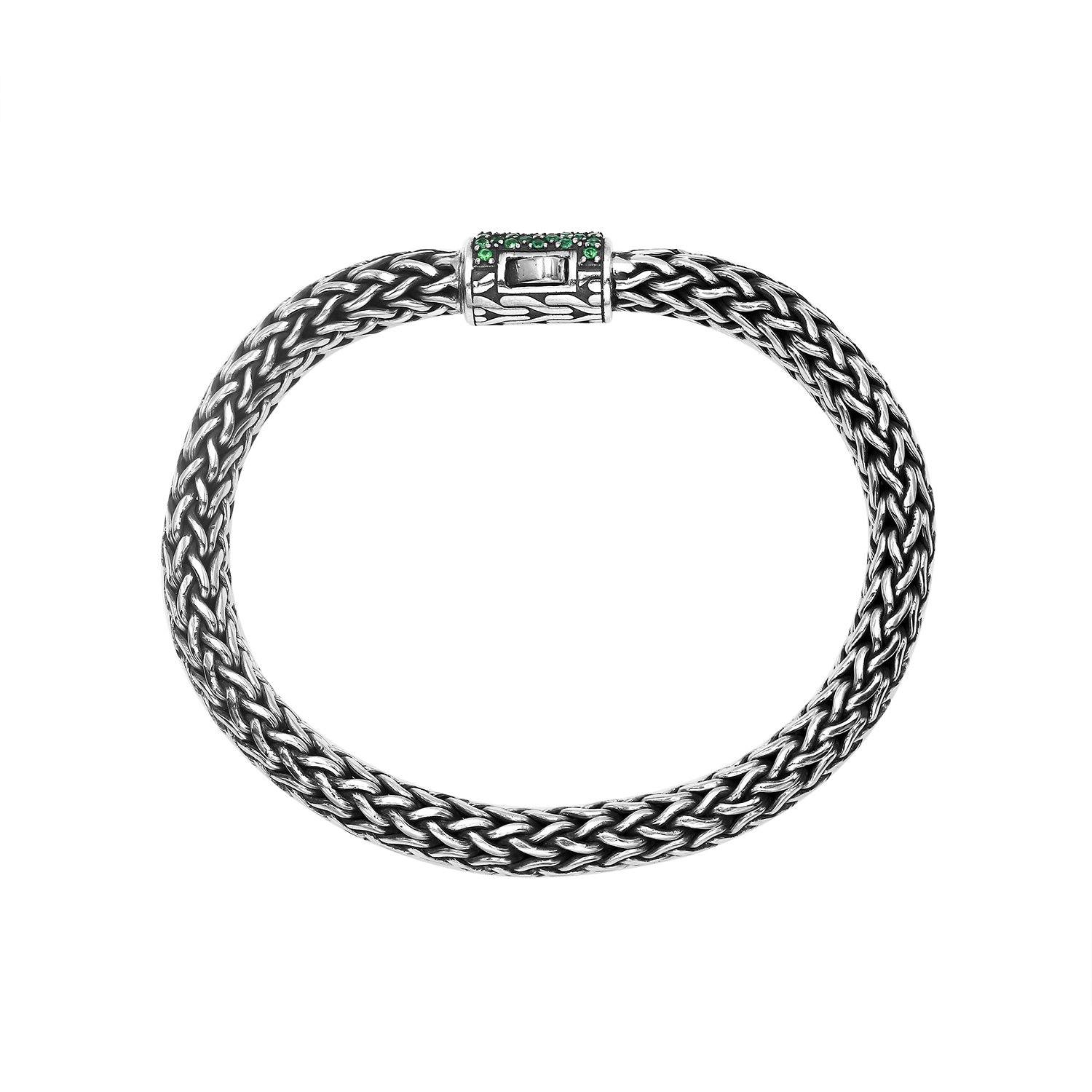 Sterling Silver 7X9 MM Handcrafted Bali Bracelet With Emerald Quartz