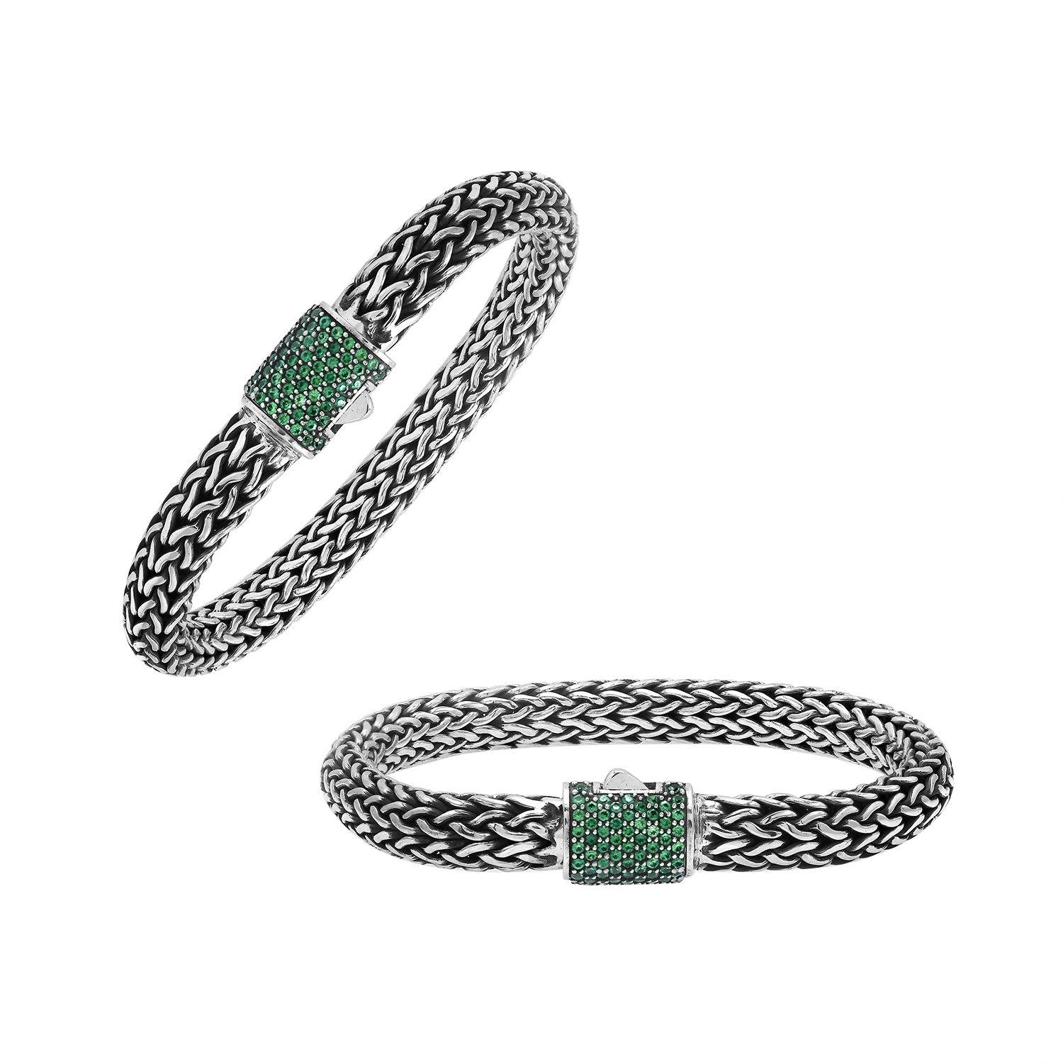 Sterling Silver 7X9 MM Handcrafted Bali Bracelet With Emerald Quartz