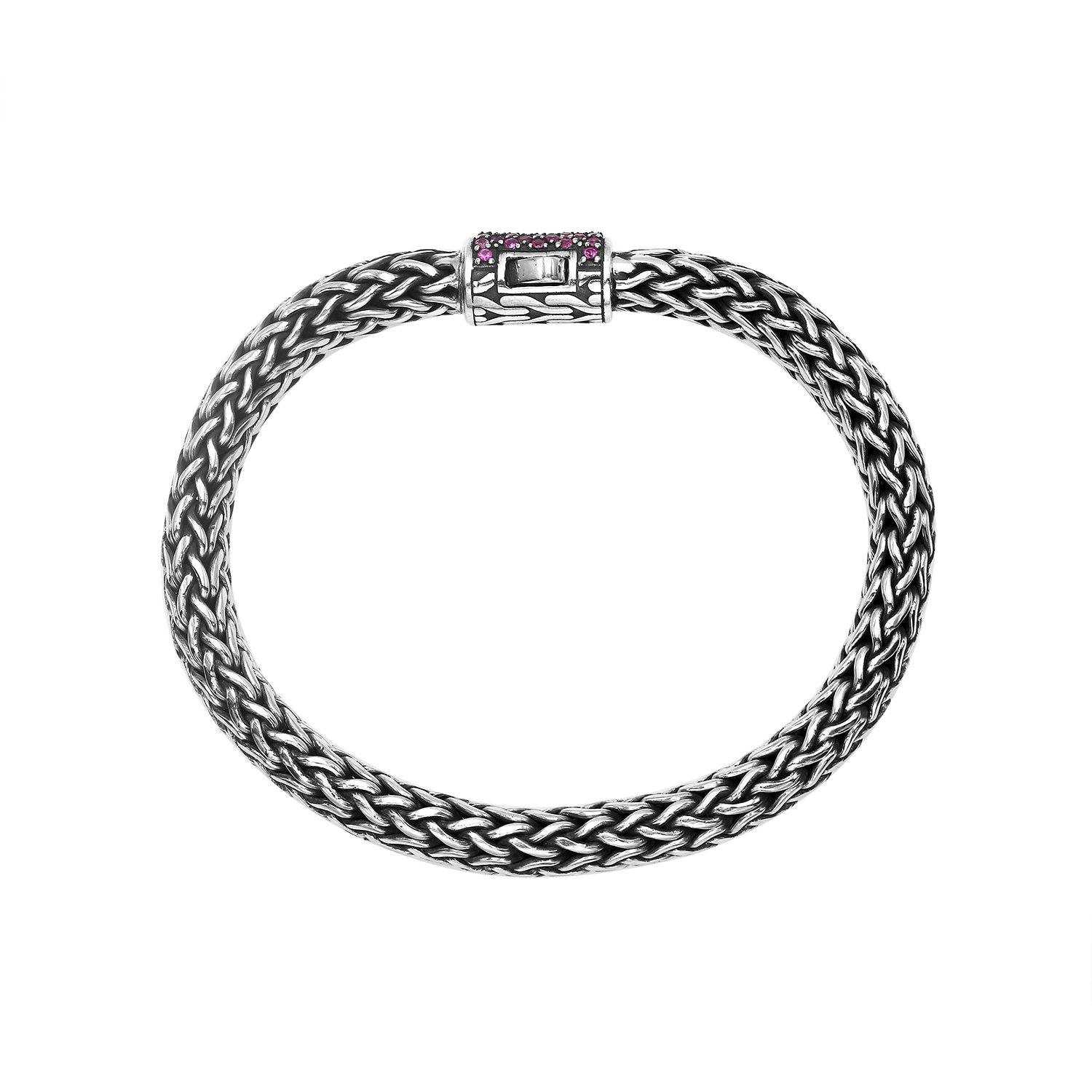 Sterling Silver 7X9 MM Bali Bracelet With Ruby Quartz | Unisex Handcrafted Jewelry
