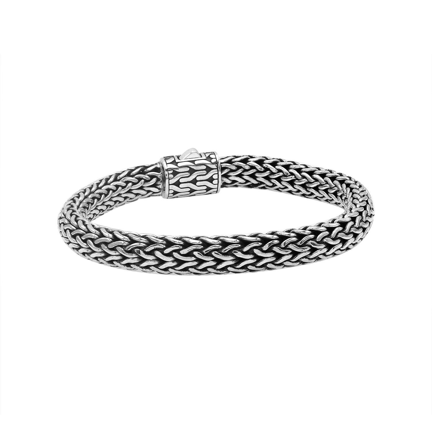 Sterling silver 7x9 mm handcrafted Bali bracelet with Sapphire Quartz clasp and oxidized detailing.