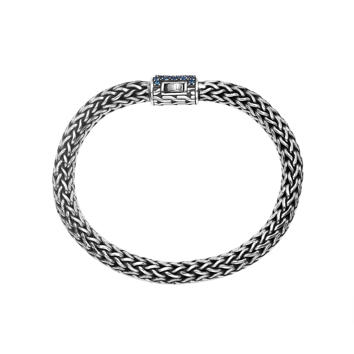Sterling silver 7x9 mm handcrafted Bali bracelet with Sapphire Quartz clasp and oxidized detailing.