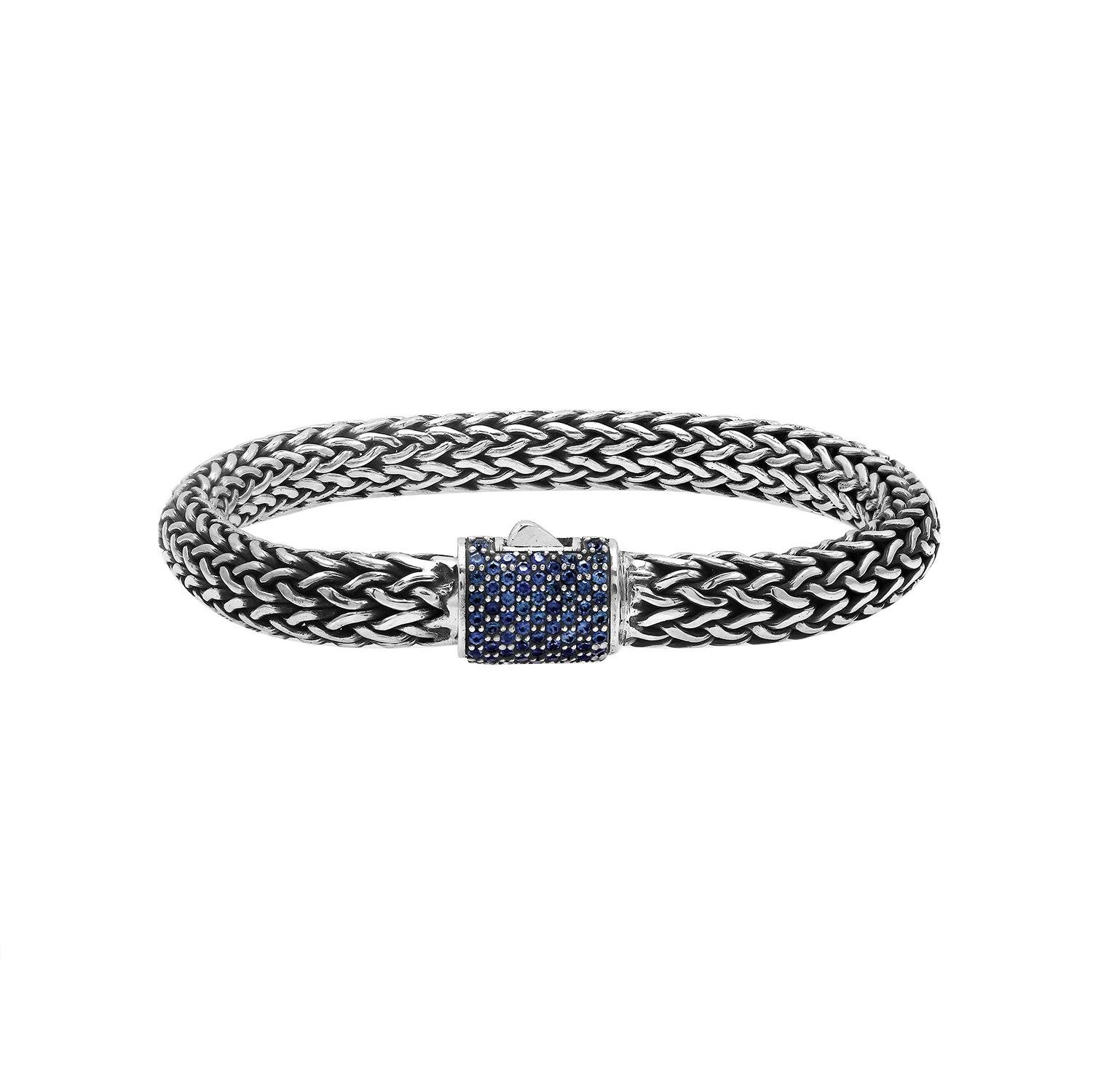 Sterling silver 7x9 mm handcrafted Bali bracelet with Sapphire Quartz clasp and oxidized detailing.