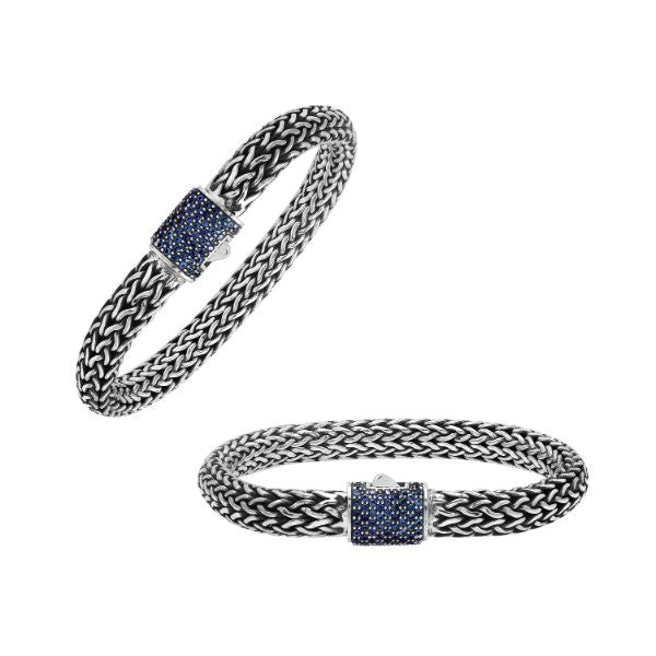 Sterling silver 7x9 mm handcrafted Bali bracelet with Sapphire Quartz clasp and oxidized detailing.