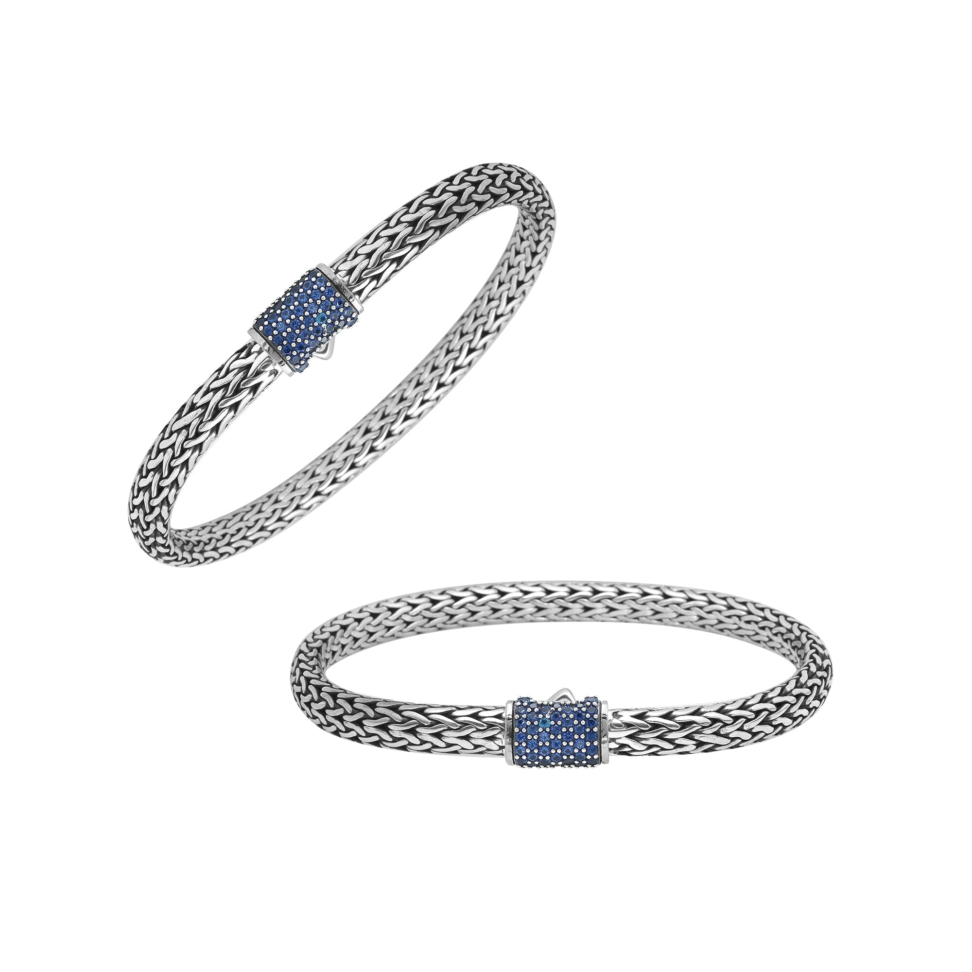 Sterling silver 4x6 mm handcrafted Bali bracelet with Blue Topaz Quartz clasp and oxidized detailing.