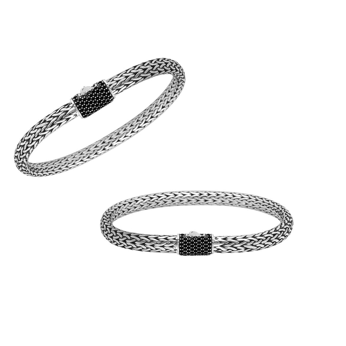 Sterling silver 4x6 mm handcrafted Bali bracelet with Black Cubic Zirconia clasp and oxidized finish.