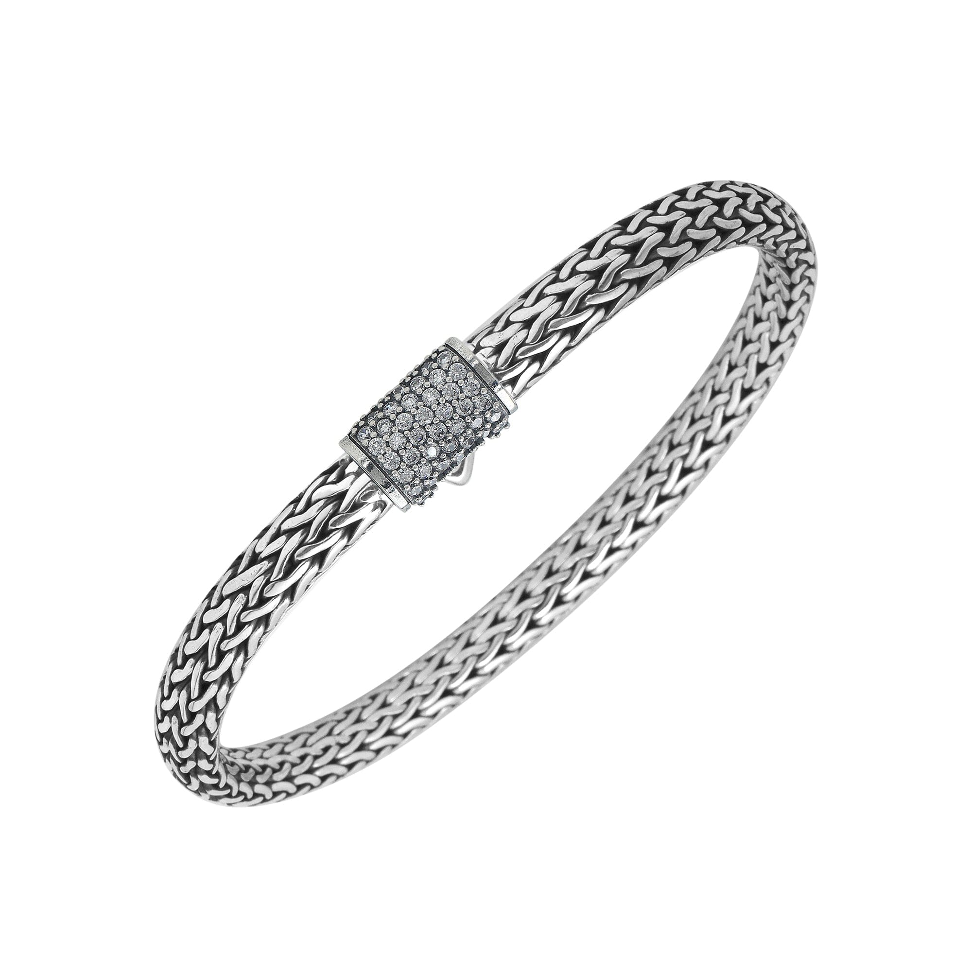 Sterling silver 4x6 mm handcrafted Bali bracelet with White Cubic Zirconia clasp and oxidized finish.