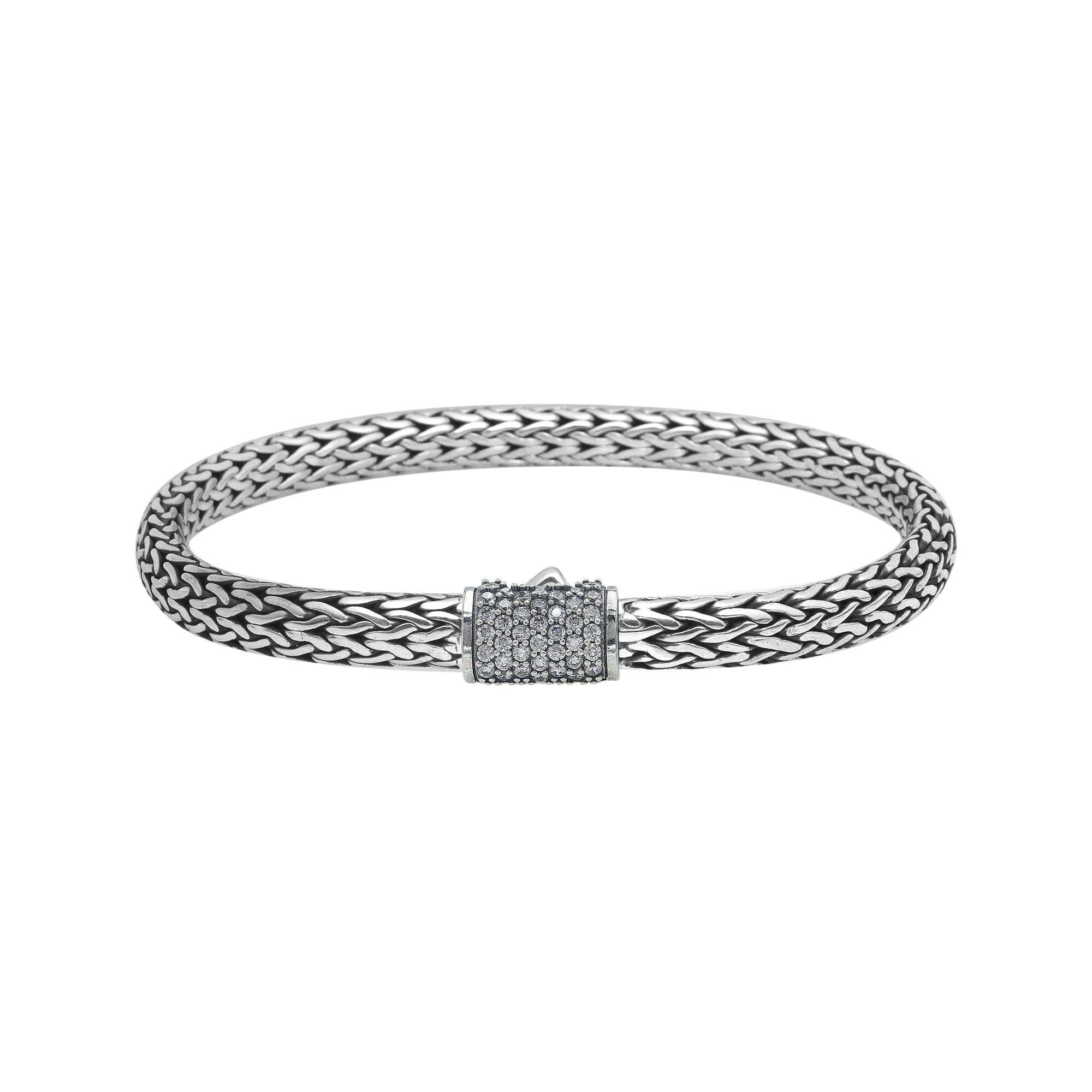 Sterling silver 4x6 mm handcrafted Bali bracelet with White Cubic Zirconia clasp and oxidized finish.