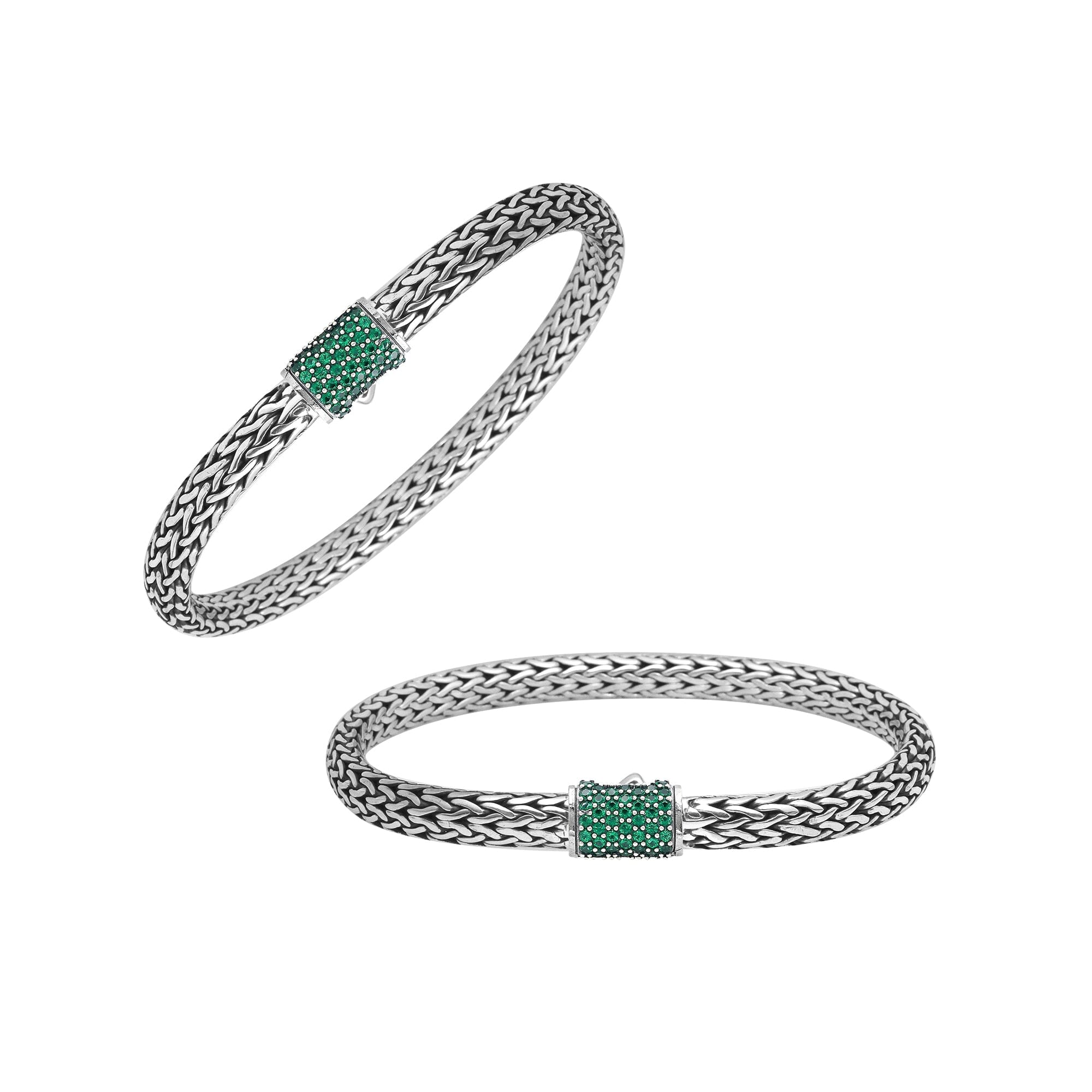 Sterling silver 4x6 mm handcrafted Bali bracelet with Emerald Quartz clasp and oxidized finish.