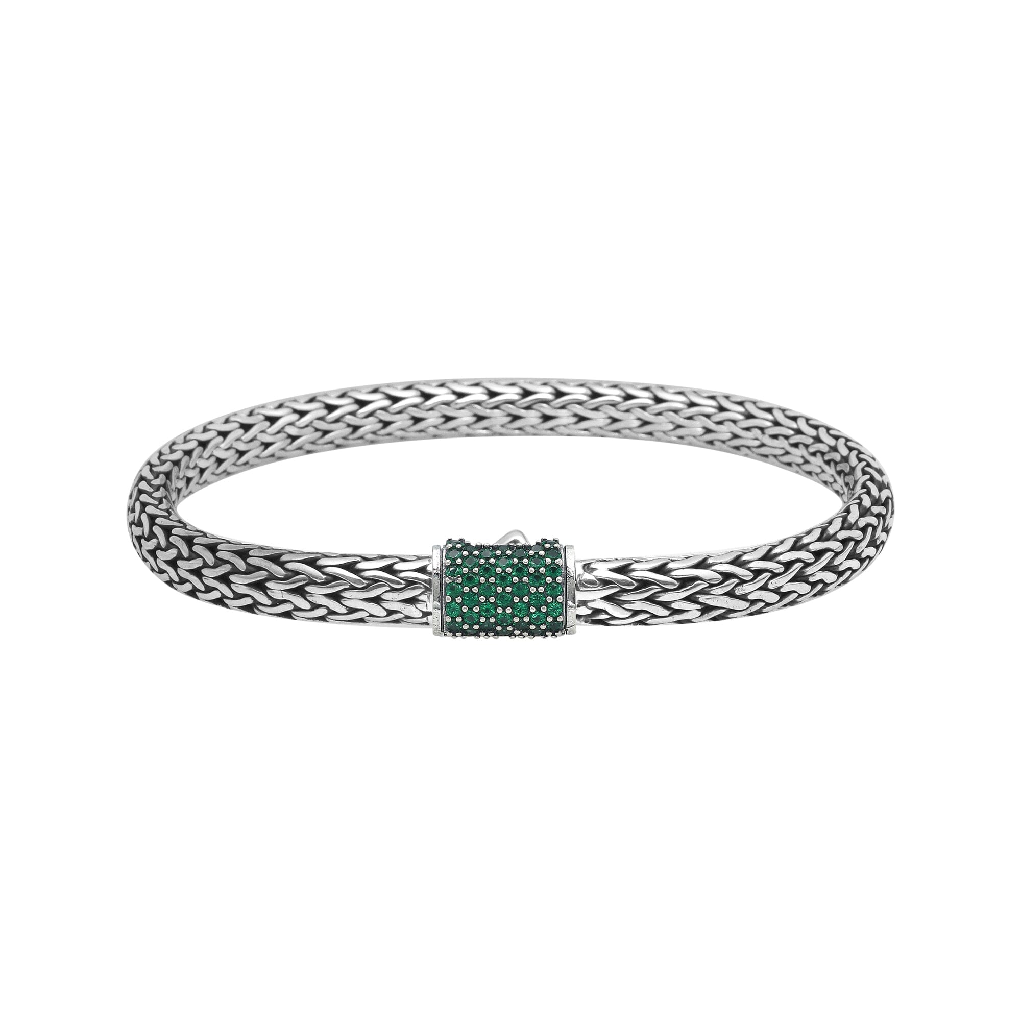 Sterling silver 4x6 mm handcrafted Bali bracelet with Emerald Quartz clasp and oxidized finish.