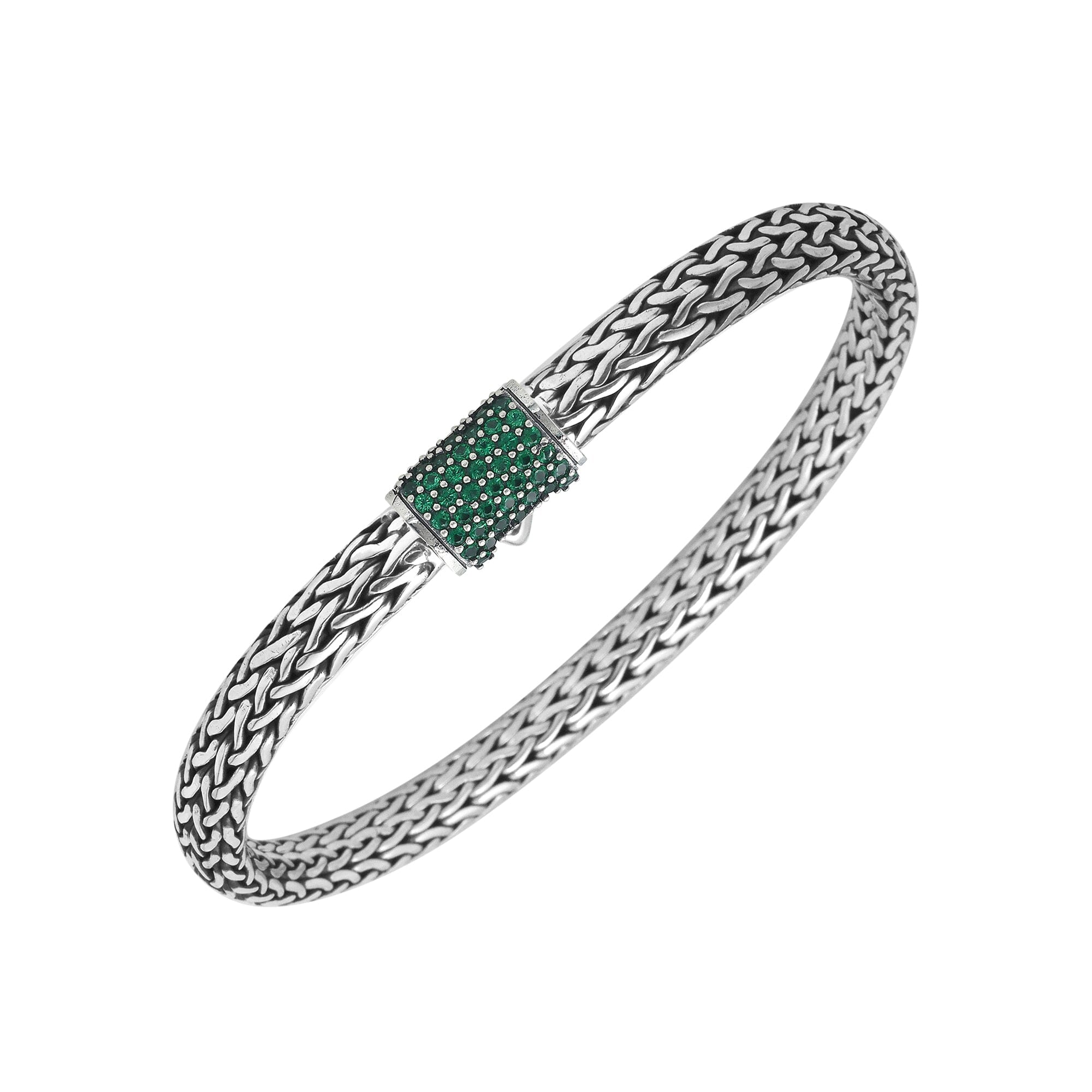 Sterling silver 4x6 mm handcrafted Bali bracelet with Emerald Quartz clasp and oxidized finish.