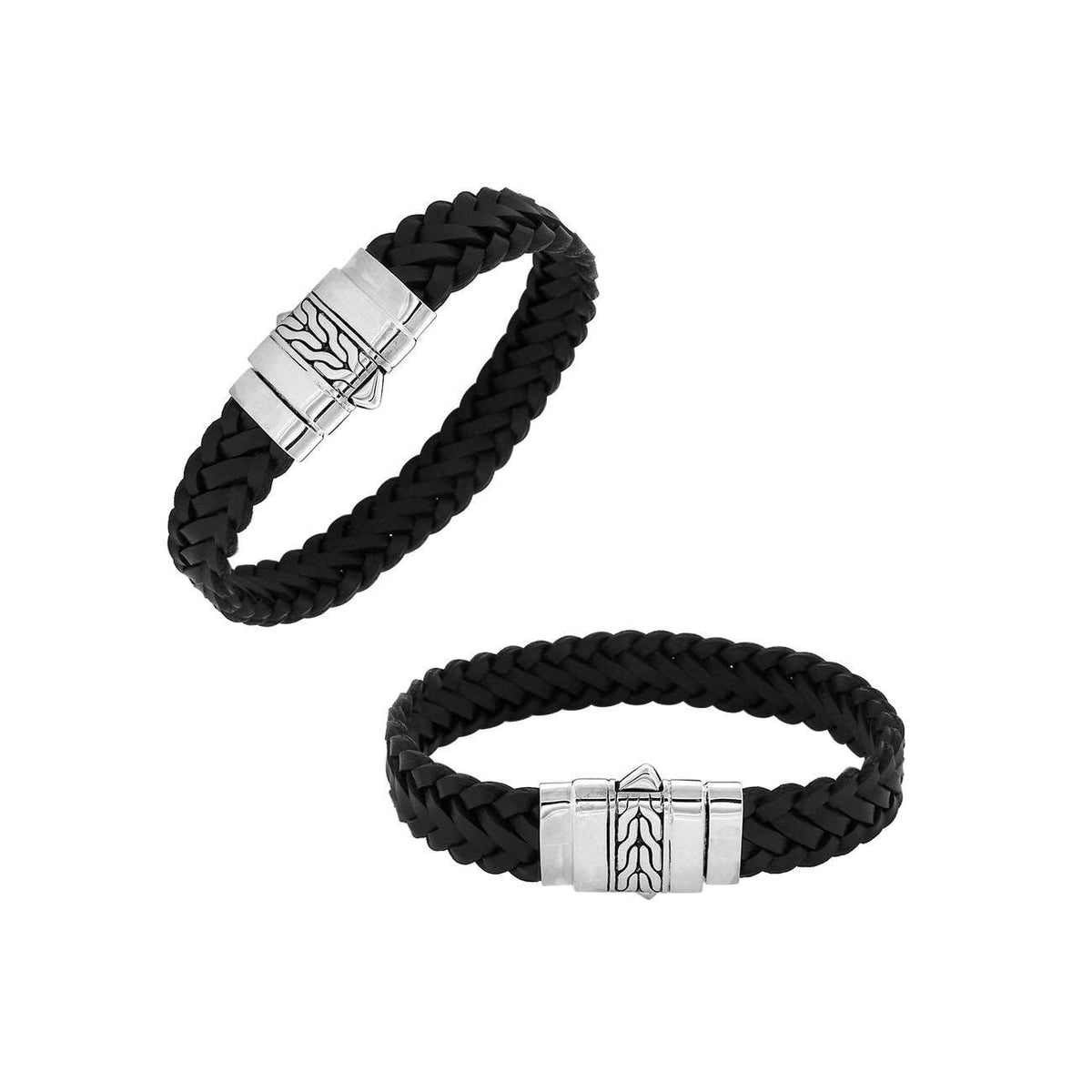 Black leather sterling silver braided bracelet with polished clasp