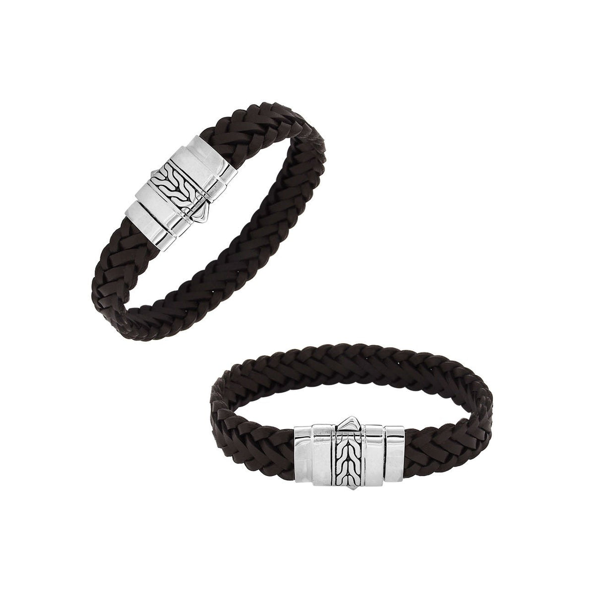 Brown leather sterling silver braided bracelet with polished clasp