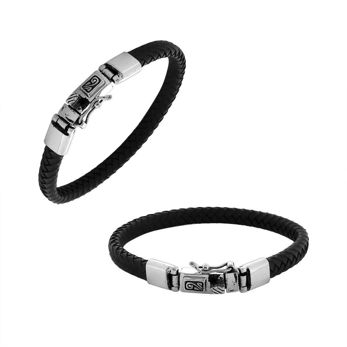 Brown Leather sterling silver braided bracelet with box clasp and safety latch