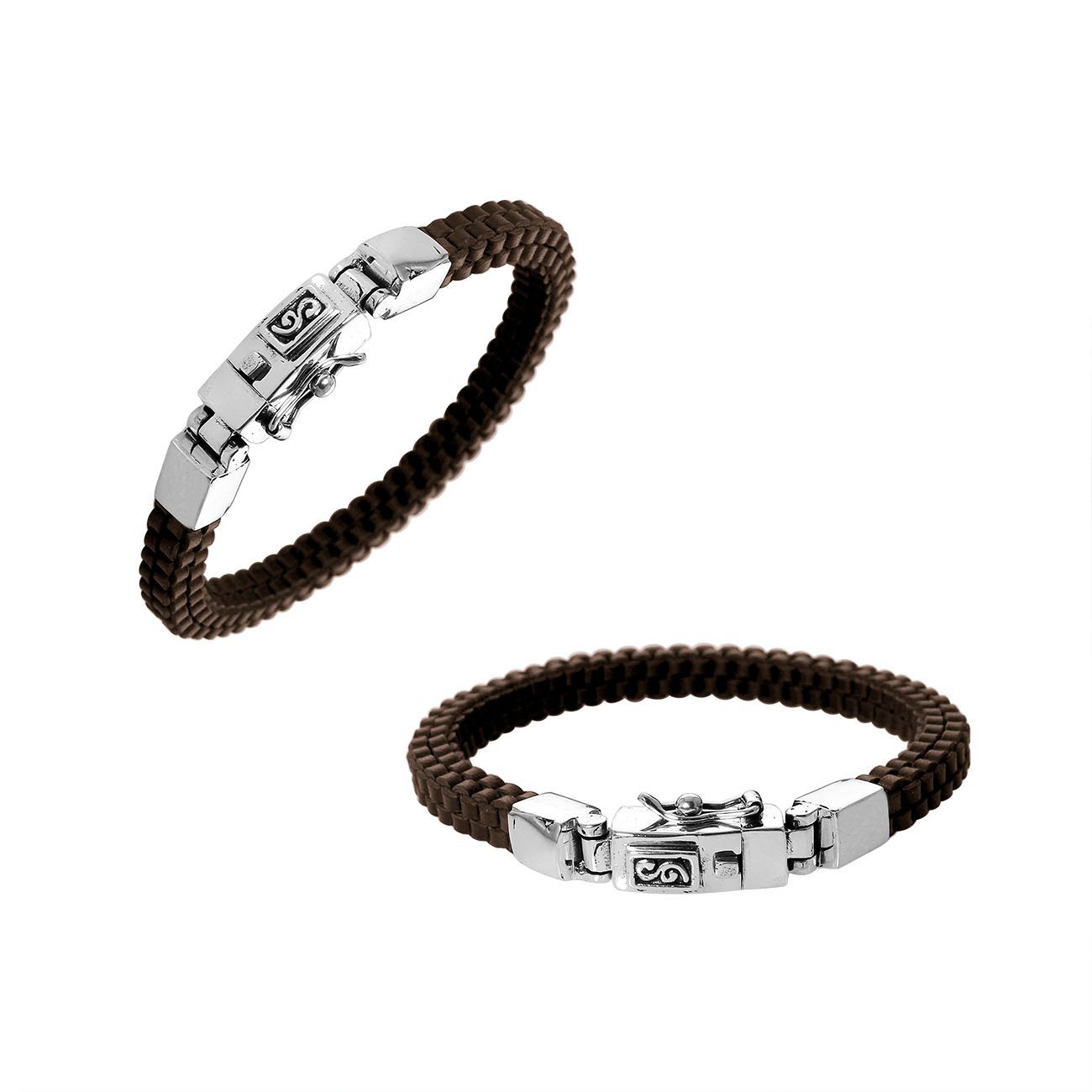 Brown Leather sterling silver braided bracelet with box clasp and polished finish