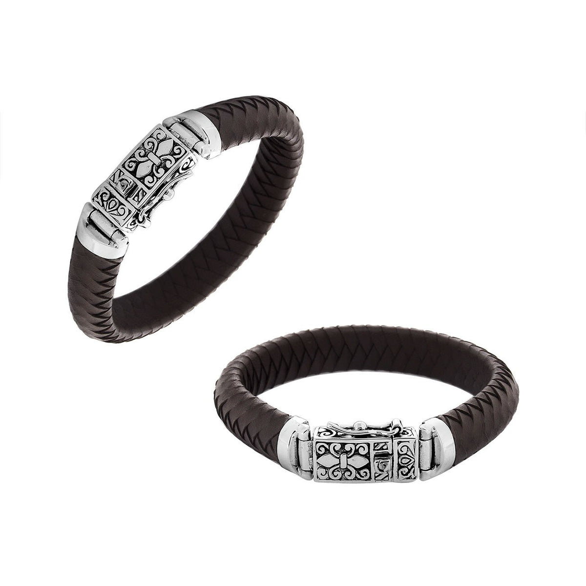 Brown Leather sterling silver braided bracelet with ornate box clasp