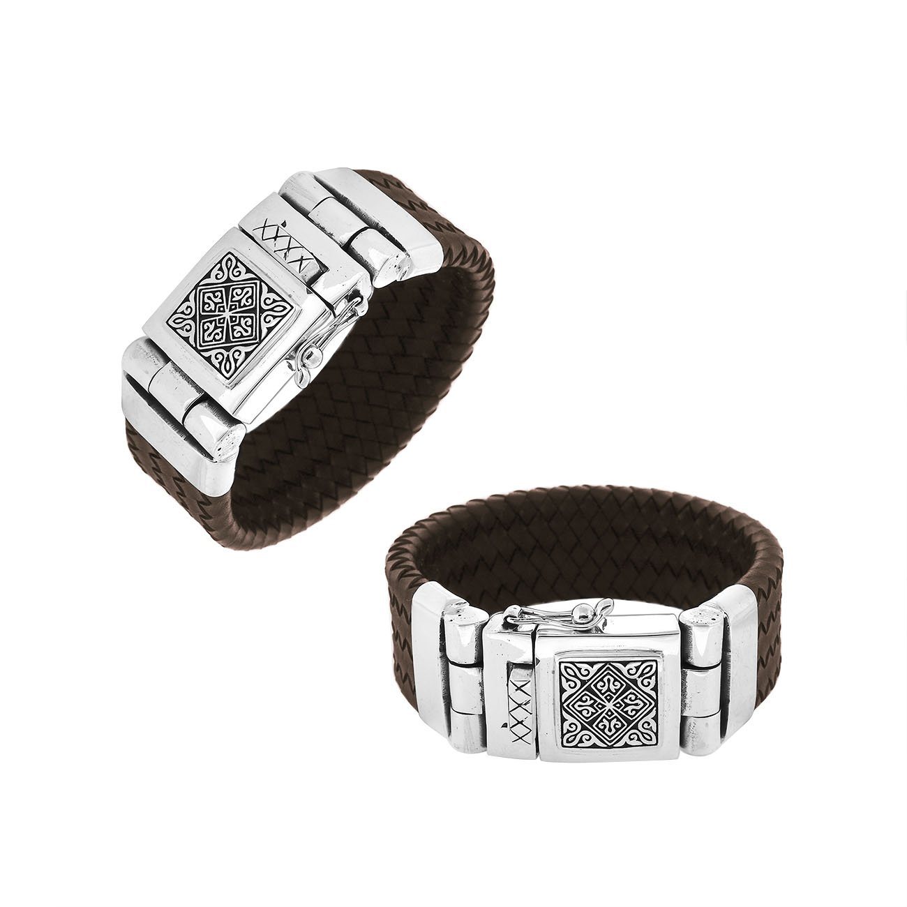 Brown Leather sterling silver braided bracelet with engraved box clasp