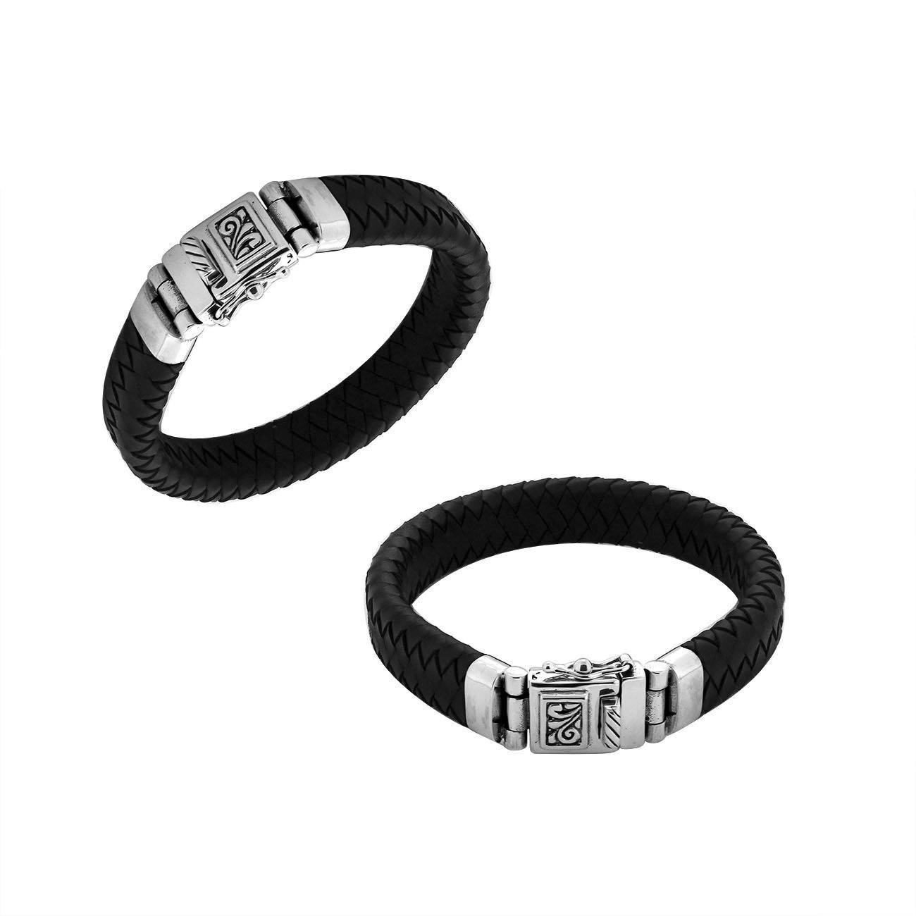 Black Leather sterling silver braided bracelet with carved box clasp