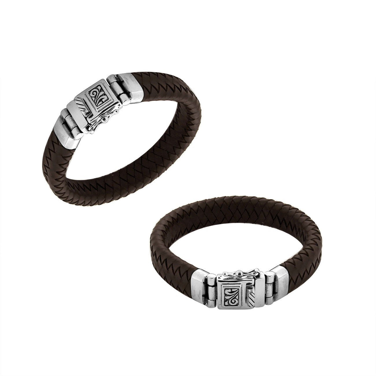 Brown Leather sterling silver braided bracelet with carved box clasp