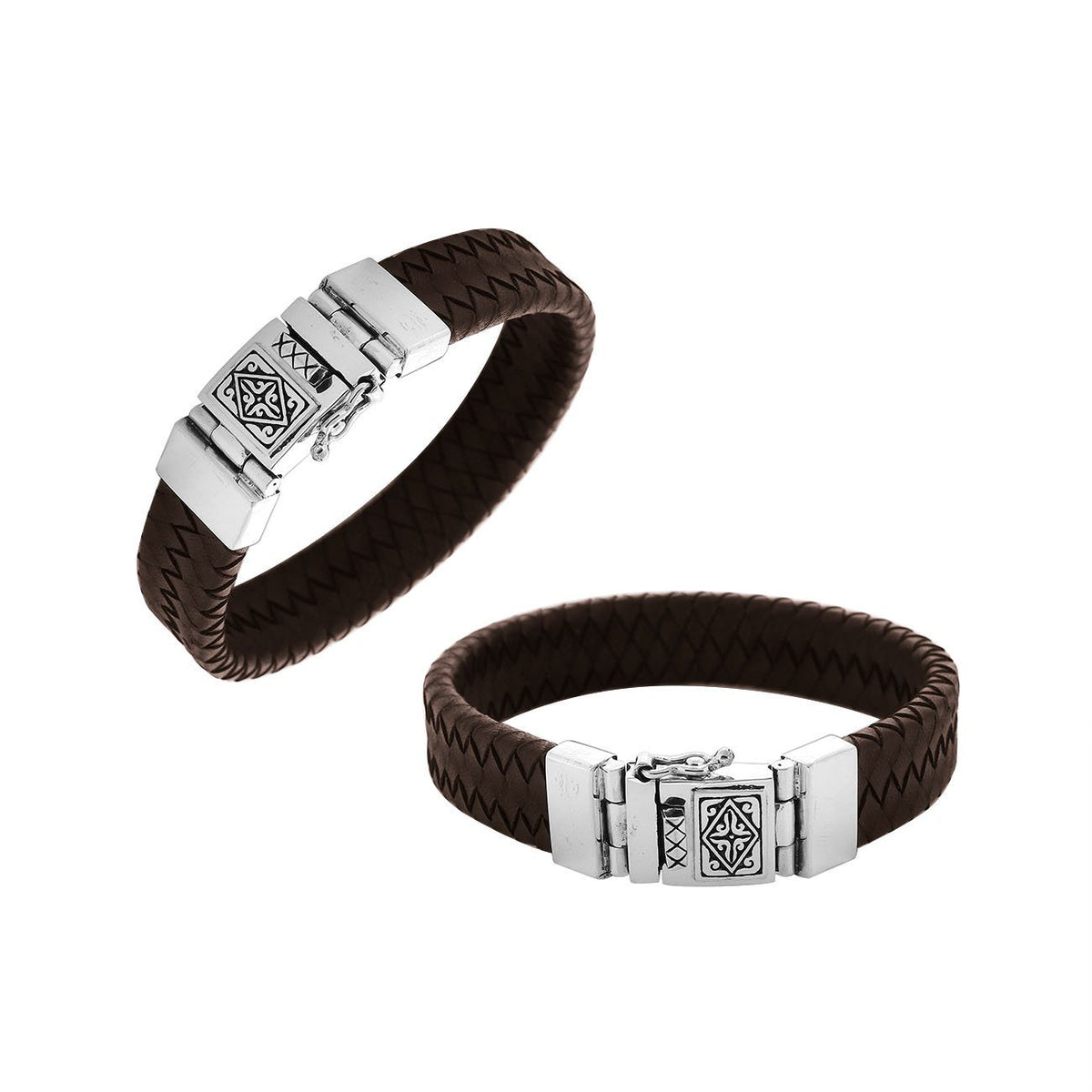 Brown Leather sterling silver braided bracelet with engraved box clasp