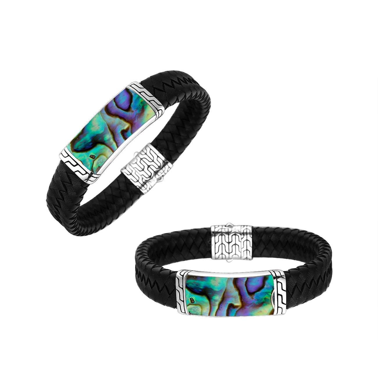 Black Leather sterling silver braided bracelet with abalone shell inlay