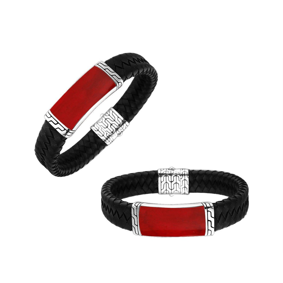 Black Leather sterling silver braided bracelet with red coral inlay