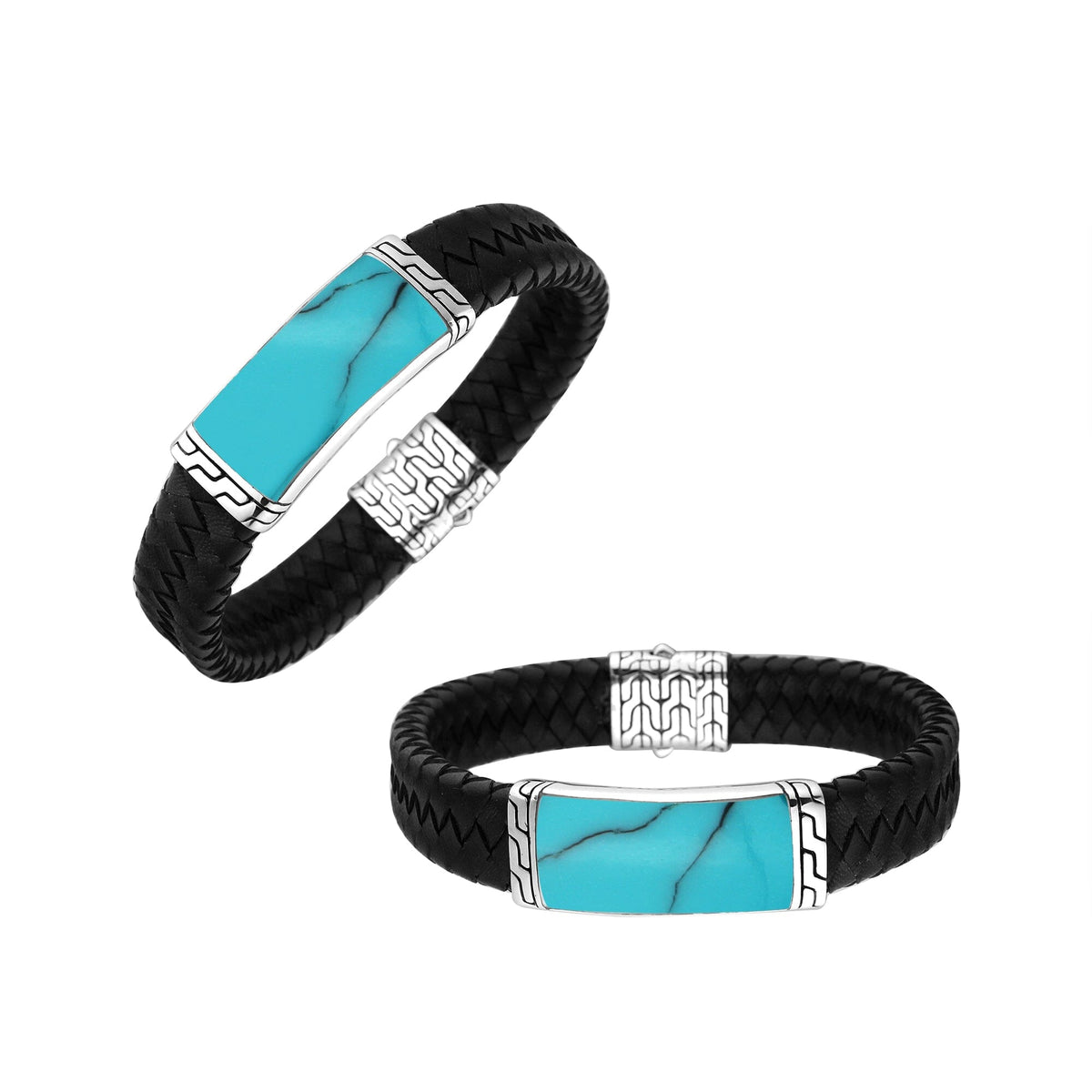 Black Leather Bracelet With Sterling Silver And Turquoise Shell