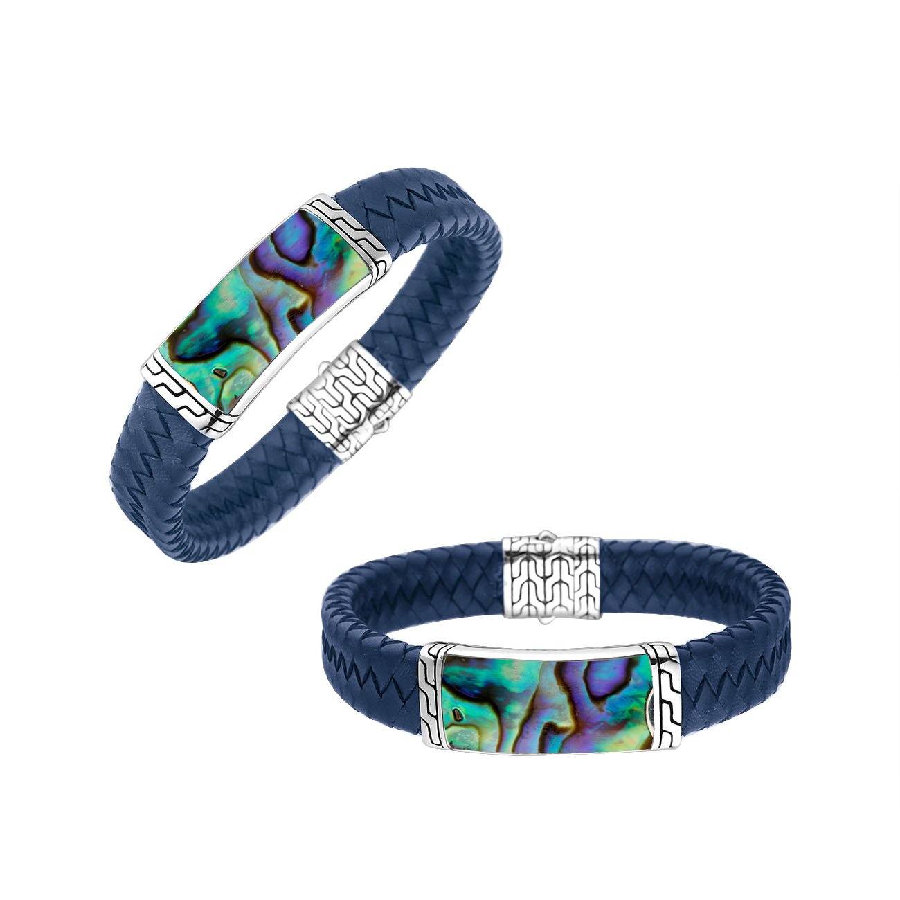 Blue Leather Bracelet With Sterling Silver And Abalone Shell