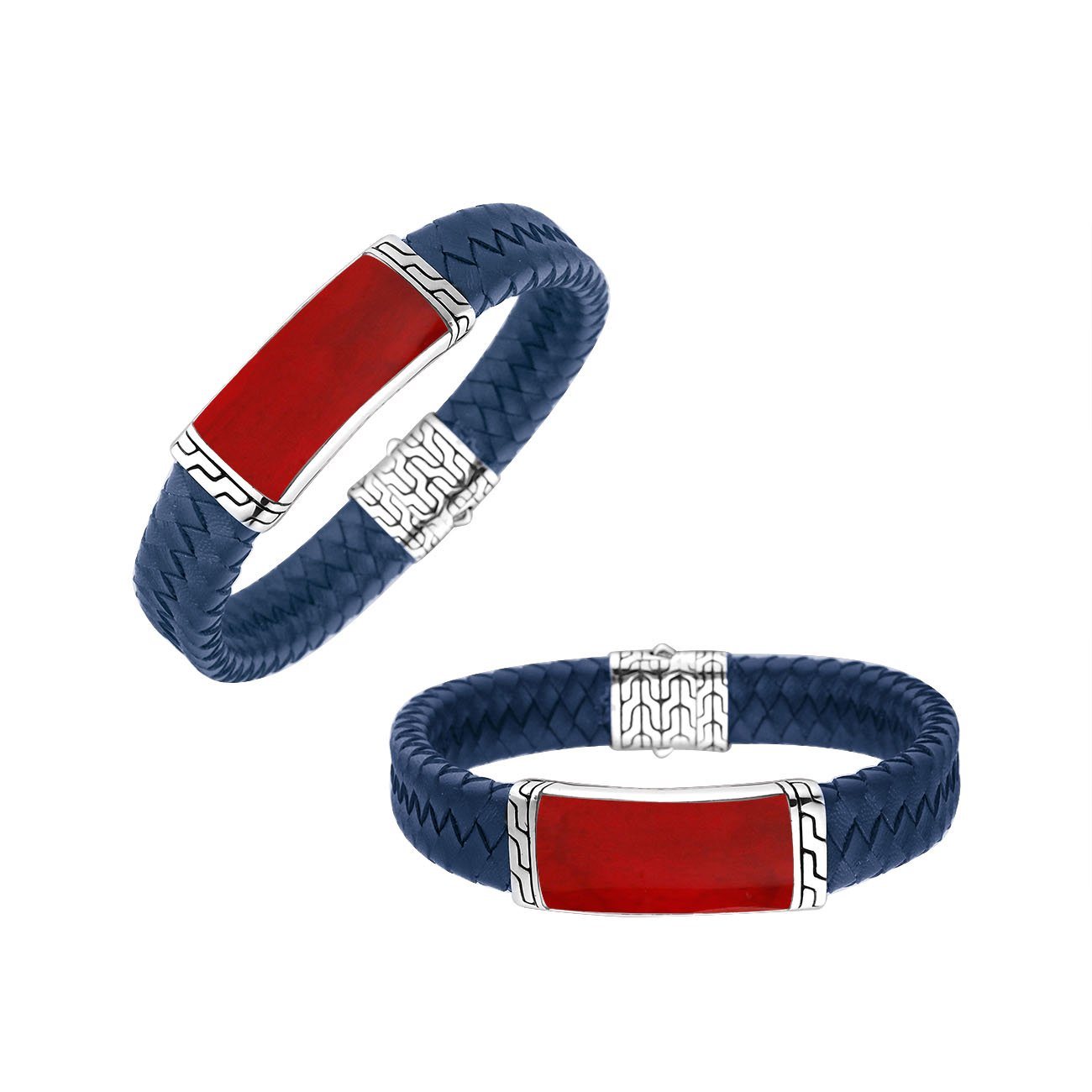 Blue Leather Bracelet With Sterling Silver And Red Coral