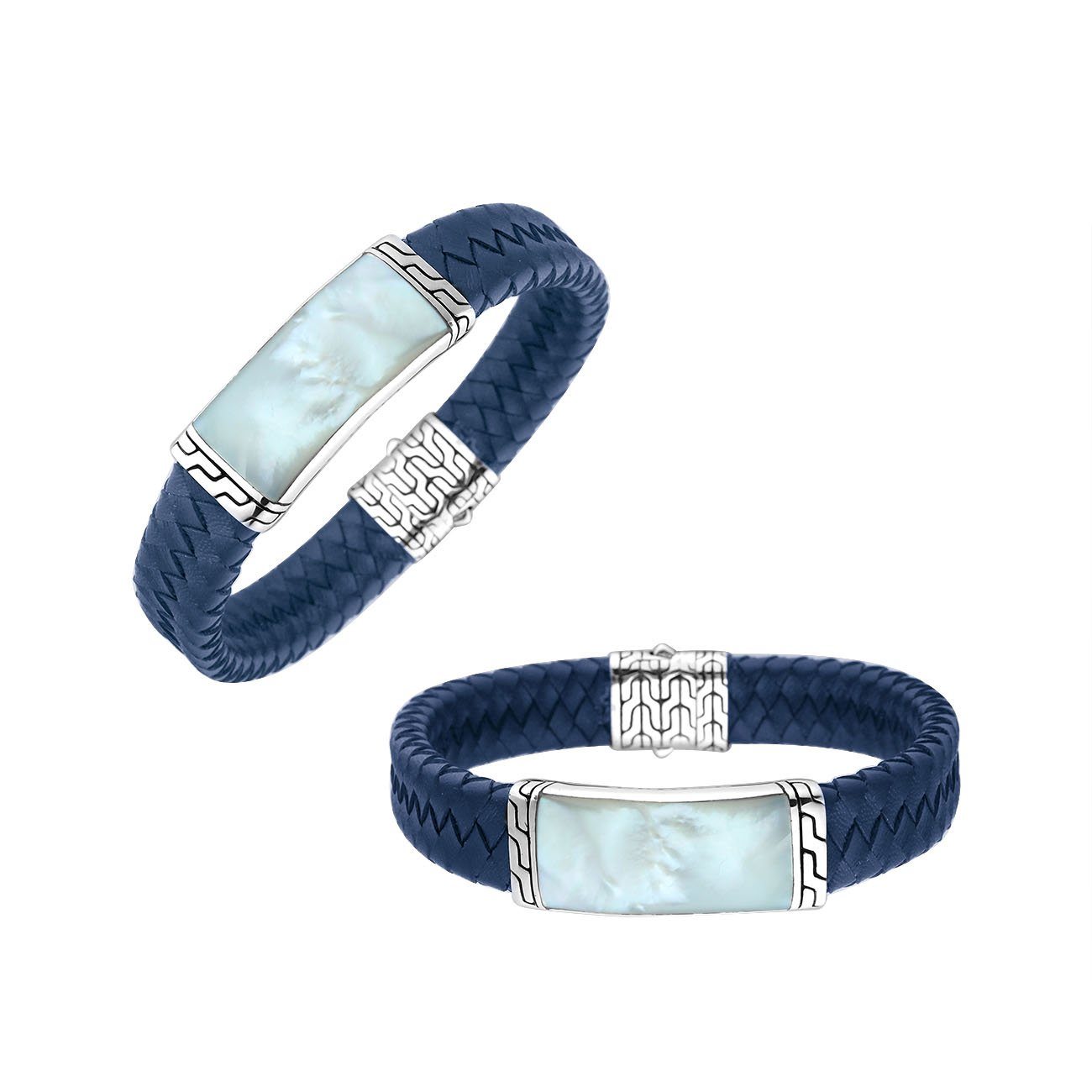 Blue Leather Bracelet With Sterling Silver And Mother Of Pearl