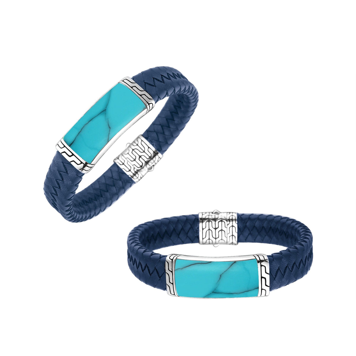 Blue Leather Bracelet With Sterling Silver And Turquoise Shell