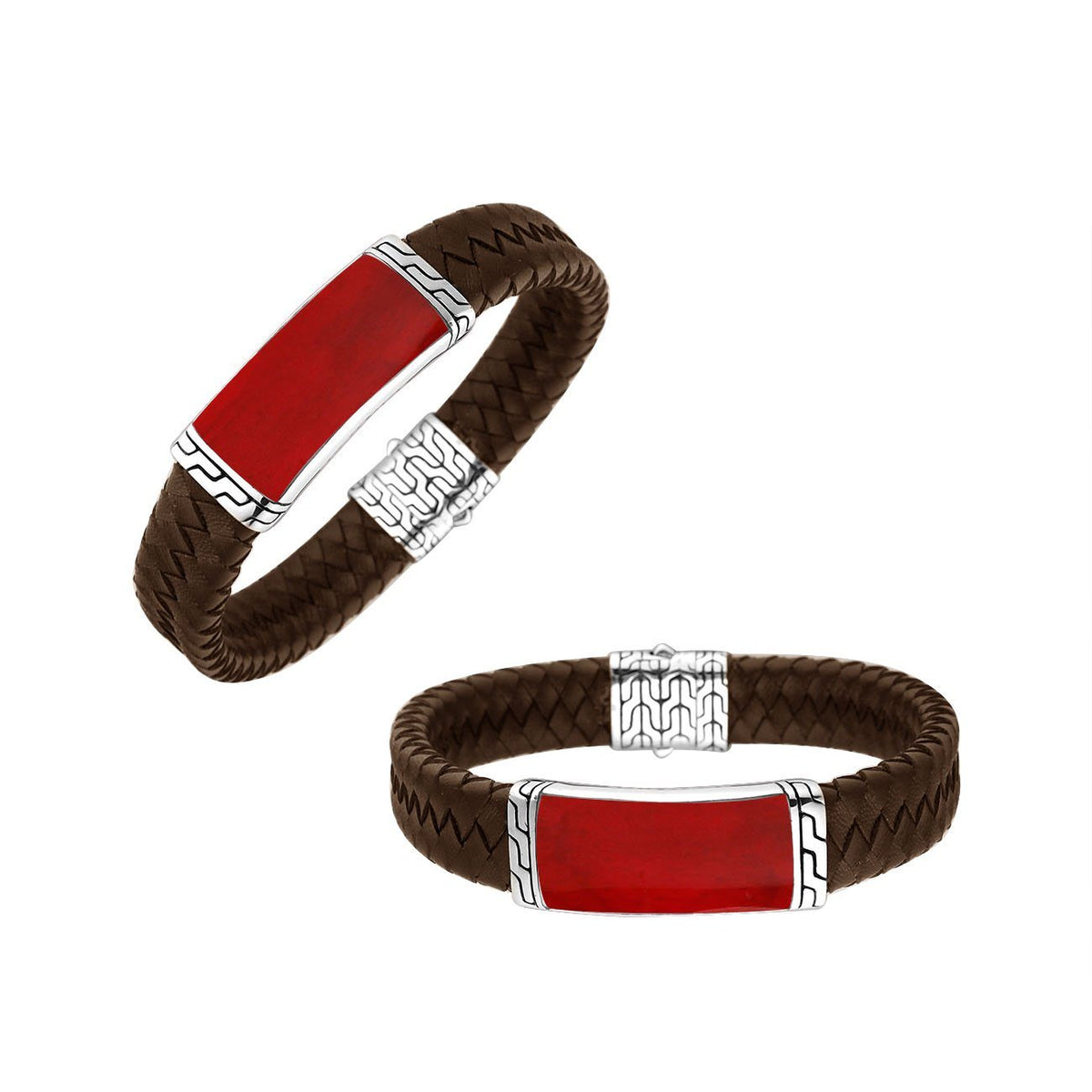 Brown Leather Bracelet With Sterling Silver And Red Coral