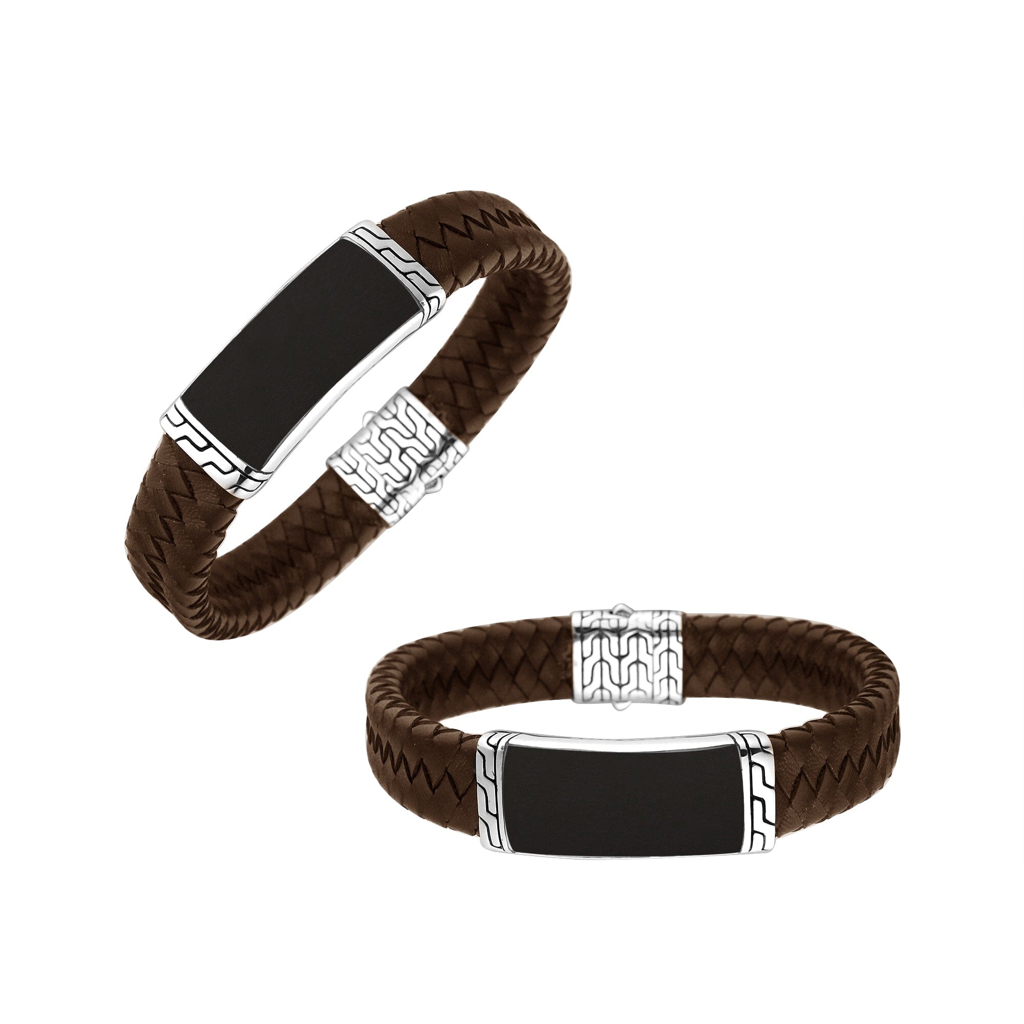 Brown Leather Bracelet With Sterling Silver And Black Shell