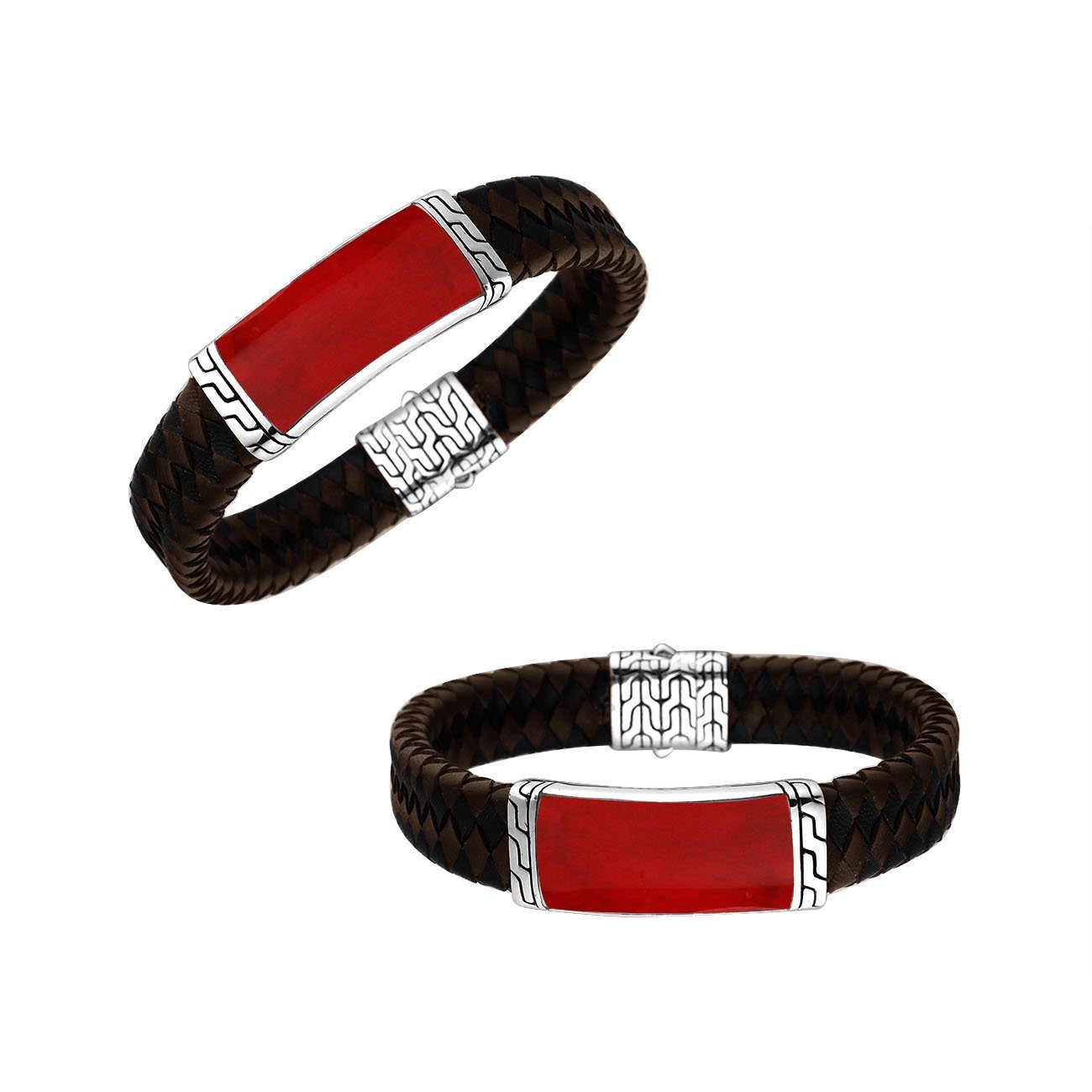 Mix Leather Bracelet With Sterling Silver And Red Coral