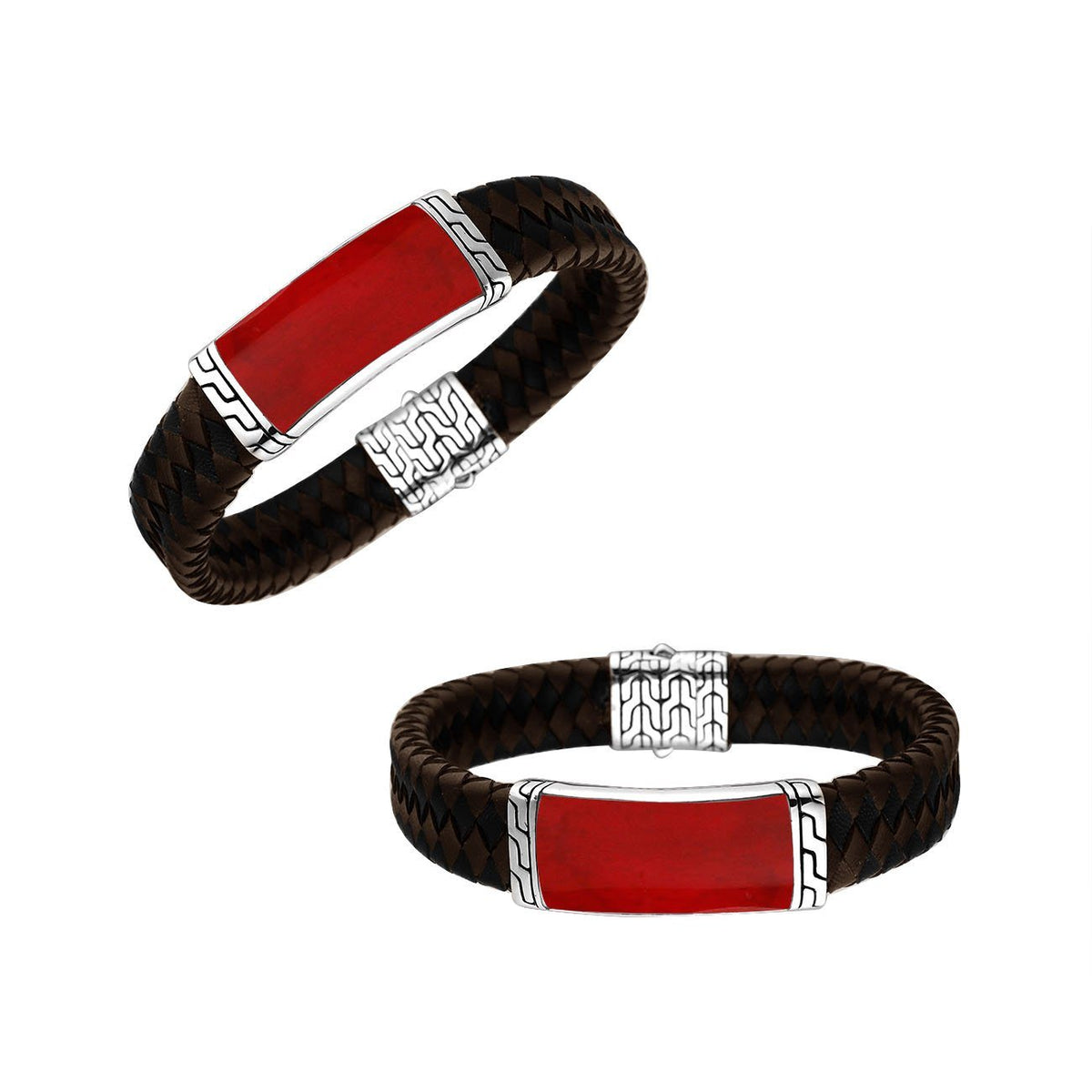 Mix Leather Bracelet With Sterling Silver And Red Coral