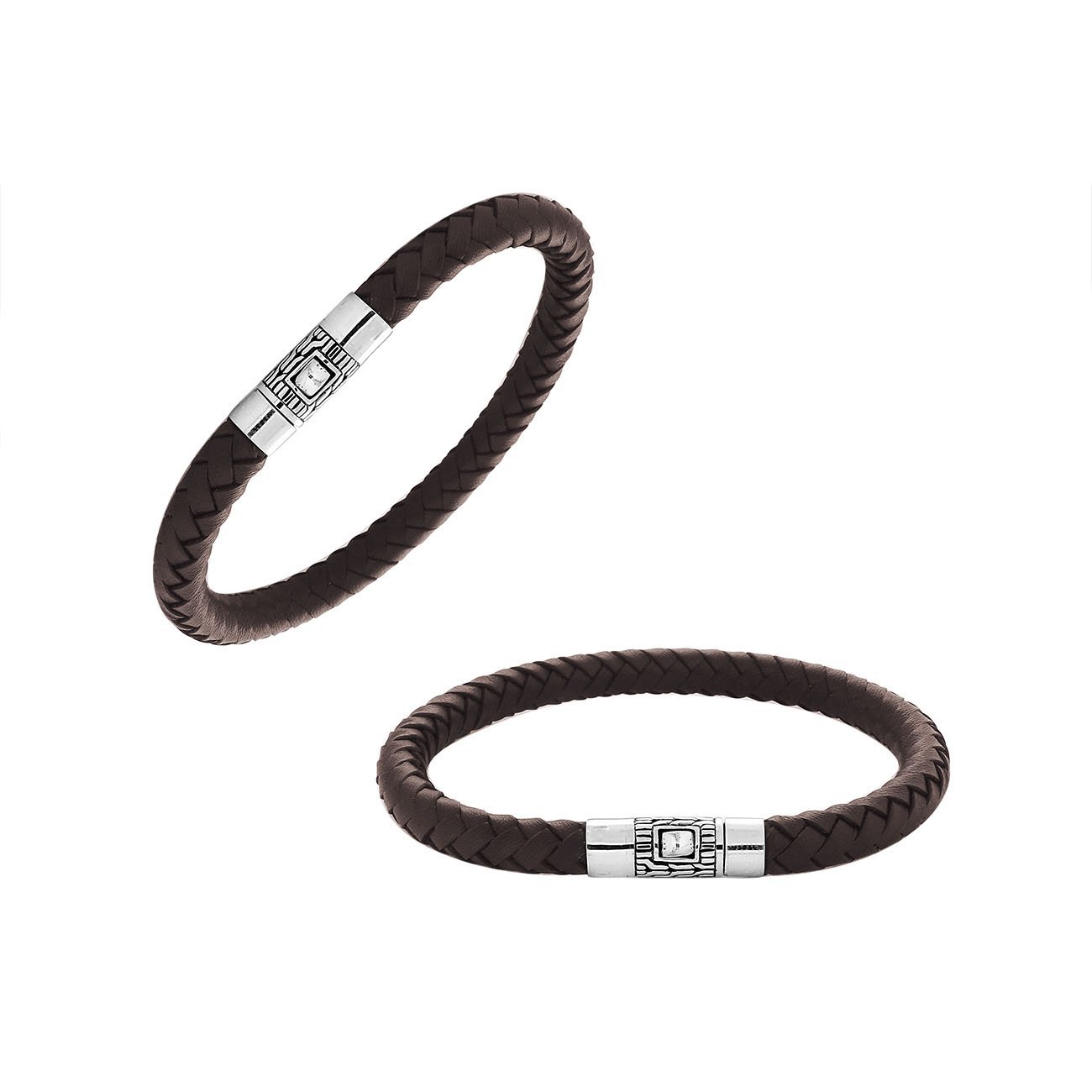 Men’s classic brown leather bracelet with sterling silver push lock handcrafted in Bali.