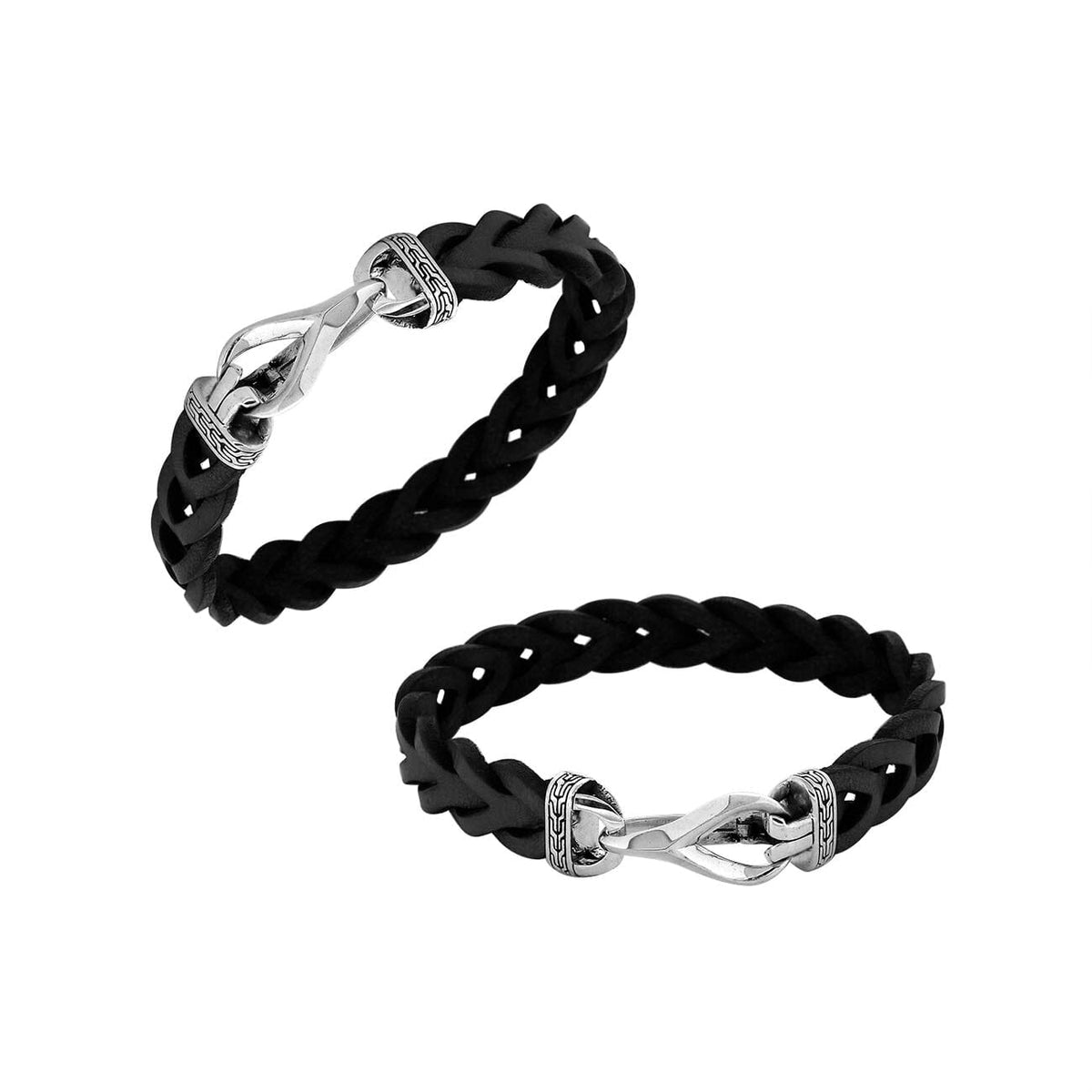 Men’s black braided leather bracelet with sterling silver hook lock handcrafted in Bali.