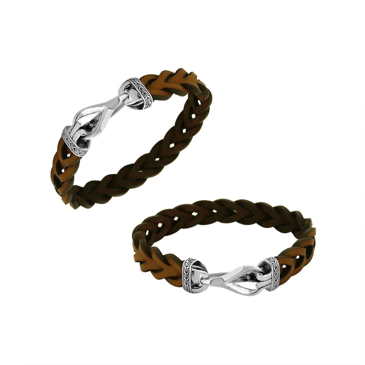 Men’s cognac brown braided leather bracelet with sterling silver hook lock handcrafted in Bali.