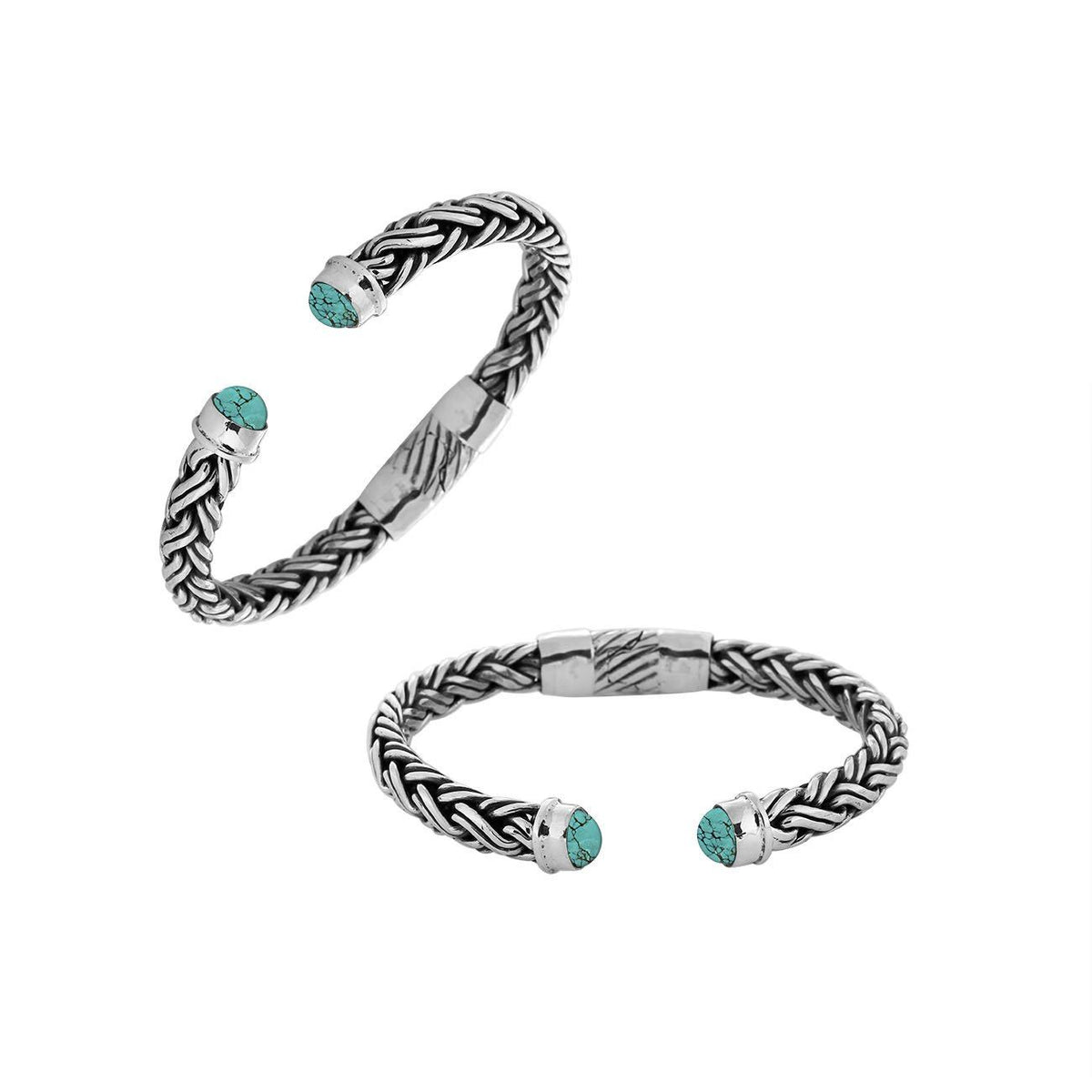 Handcrafted sterling silver bangle with Turquoise Shell and secure hinge lock made in Bali.