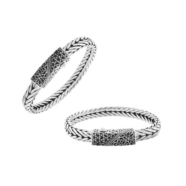 Handcrafted sterling silver bracelet with 3x8 mm woven chain and ornate push clasp made in Bali.