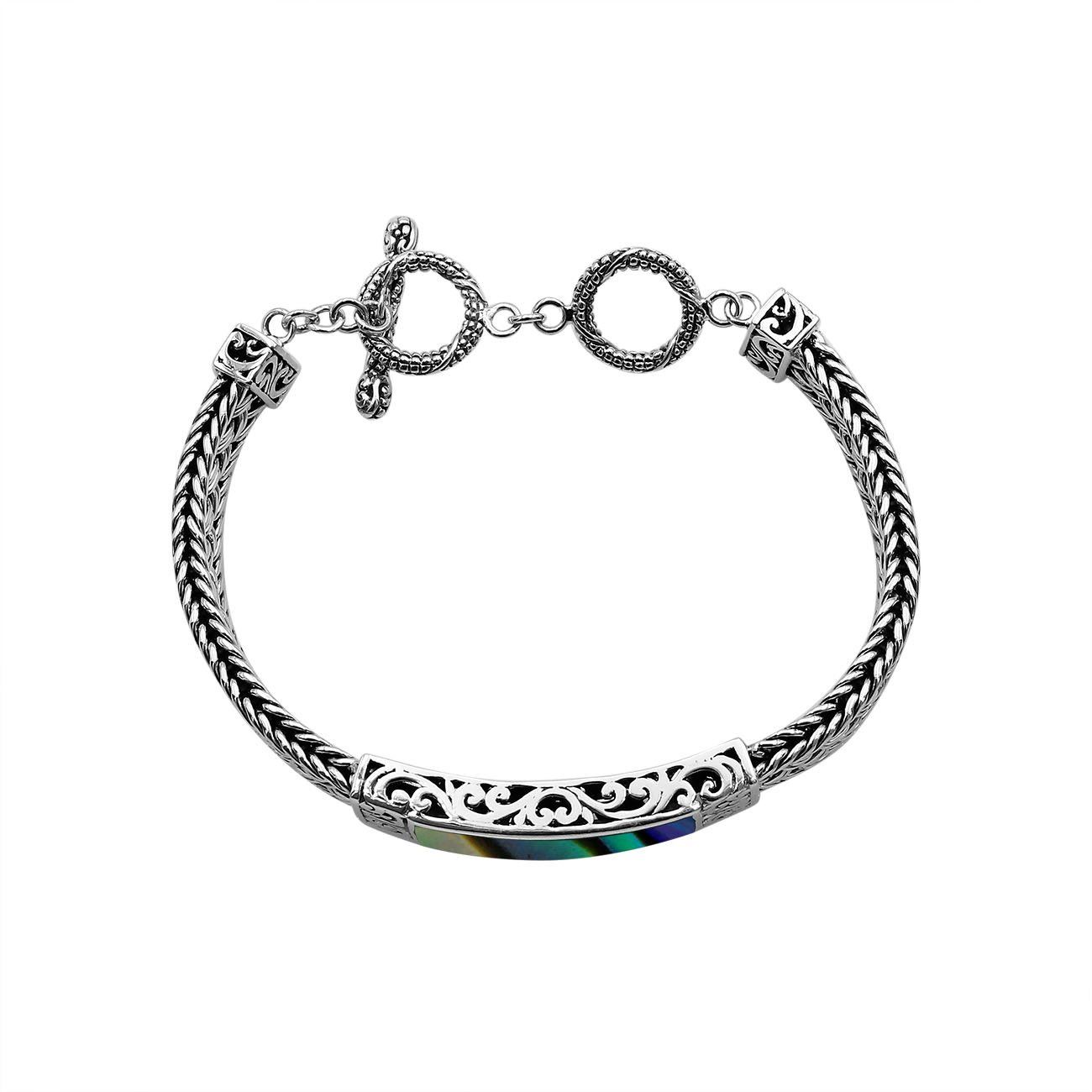 Handcrafted sterling silver bracelet with Abalone Shell and toggle lock made in Bali.