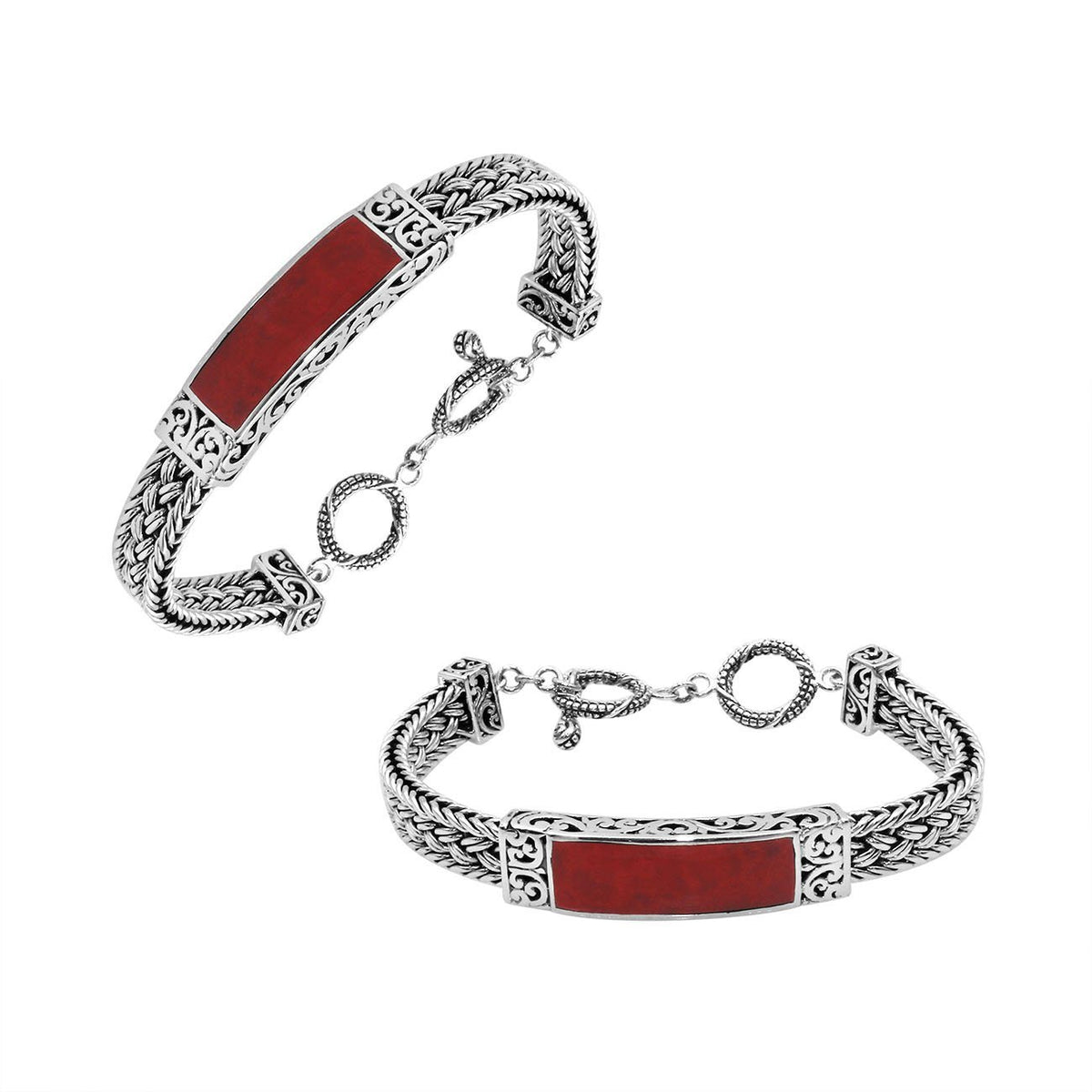 Handcrafted sterling silver bracelet with Coral inlay and toggle lock made in Bali.